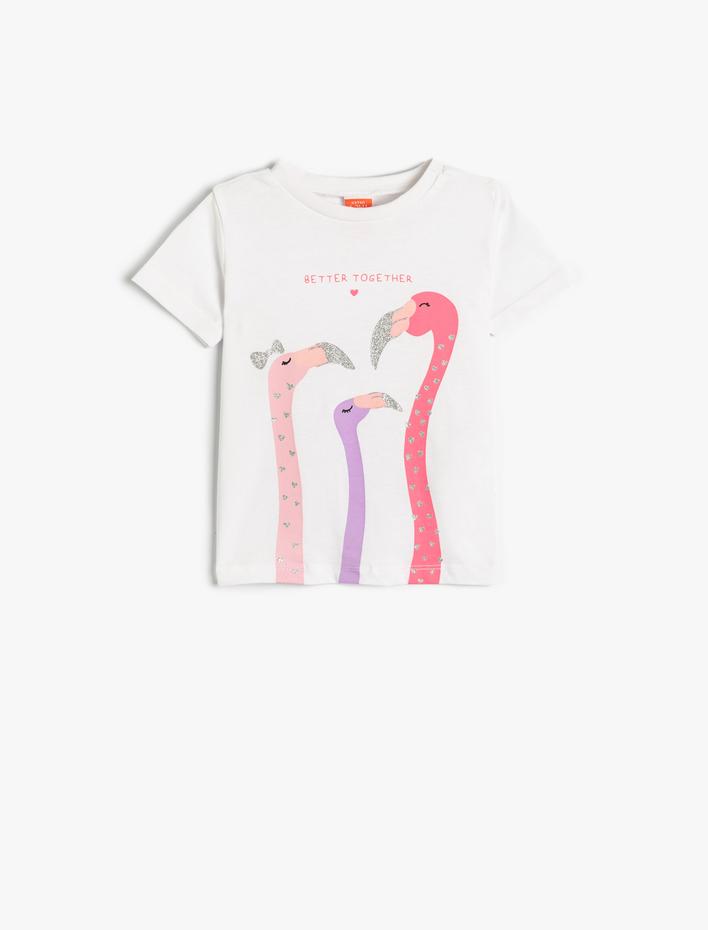 Kız Bebek Tişört Kısa Kollu Bisiklet Yaka Flamingo Baskılı Pamuklu