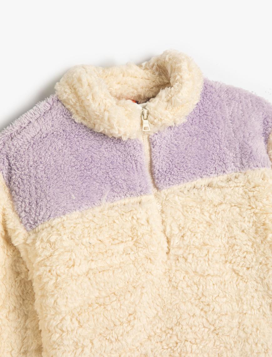  Kız Bebek Peluş Yarım Fermuarlı Sweatshirt Dik Yaka Renk Kontrastlı