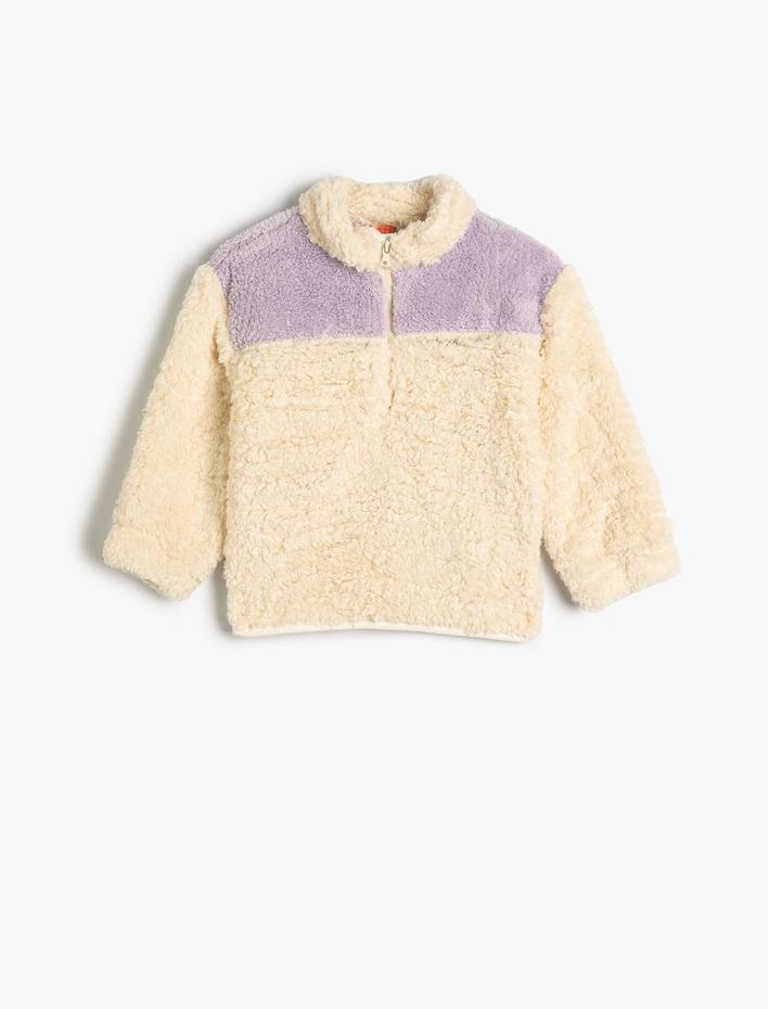 Kız Bebek Peluş Yarım Fermuarlı Sweatshirt Dik Yaka Renk Kontrastlı