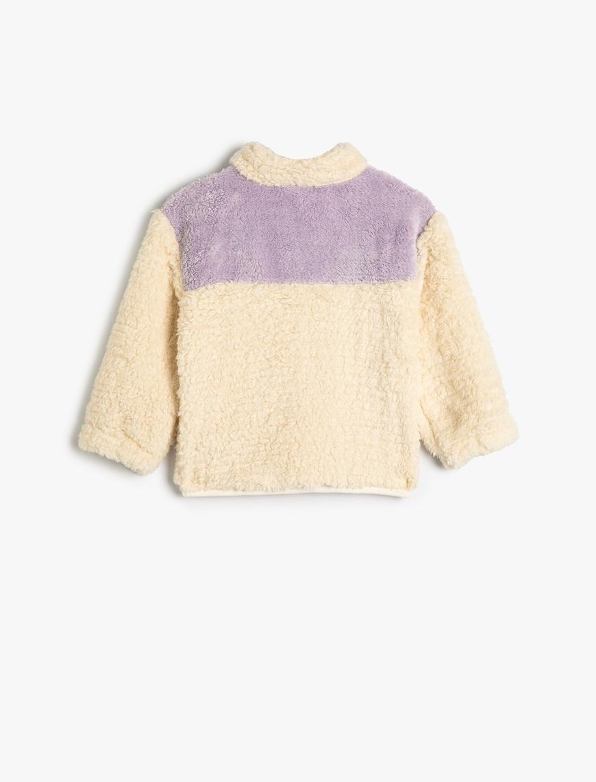  Kız Bebek Peluş Yarım Fermuarlı Sweatshirt Dik Yaka Renk Kontrastlı