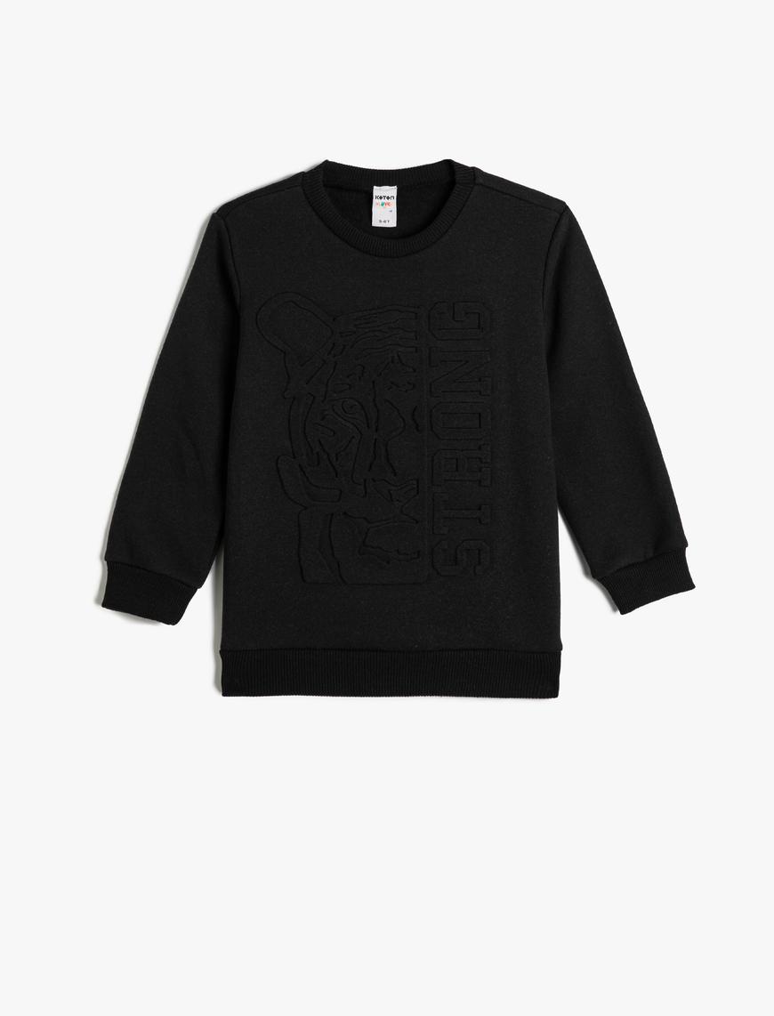  Erkek Çocuk Sweatshirt Uzun Kollu Bisiklet Yaka Kaplan Kabartma Baskılı Şardonlu