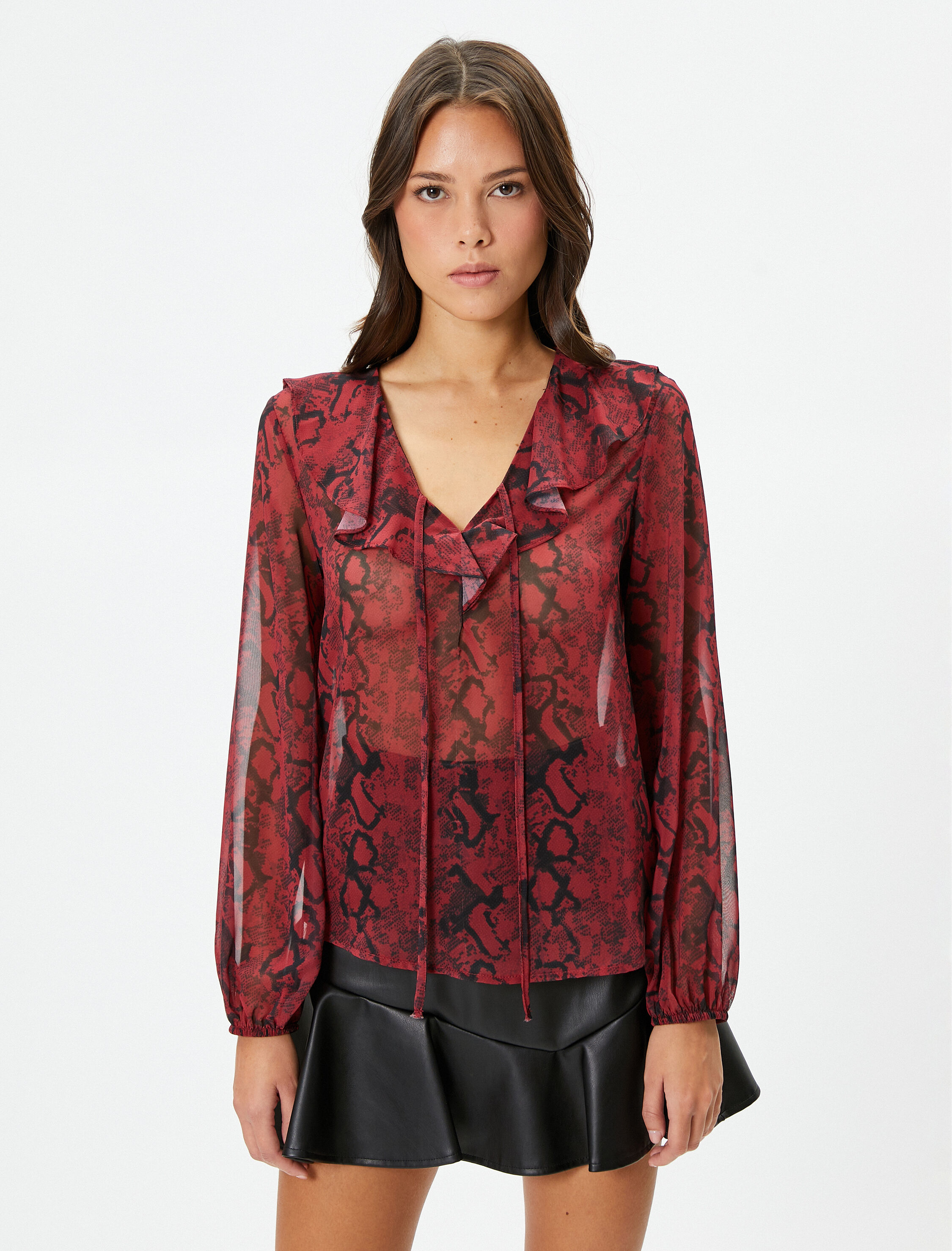   Şifon Transparan Gömlek Balon Kollu V Yaka Fırfırlı