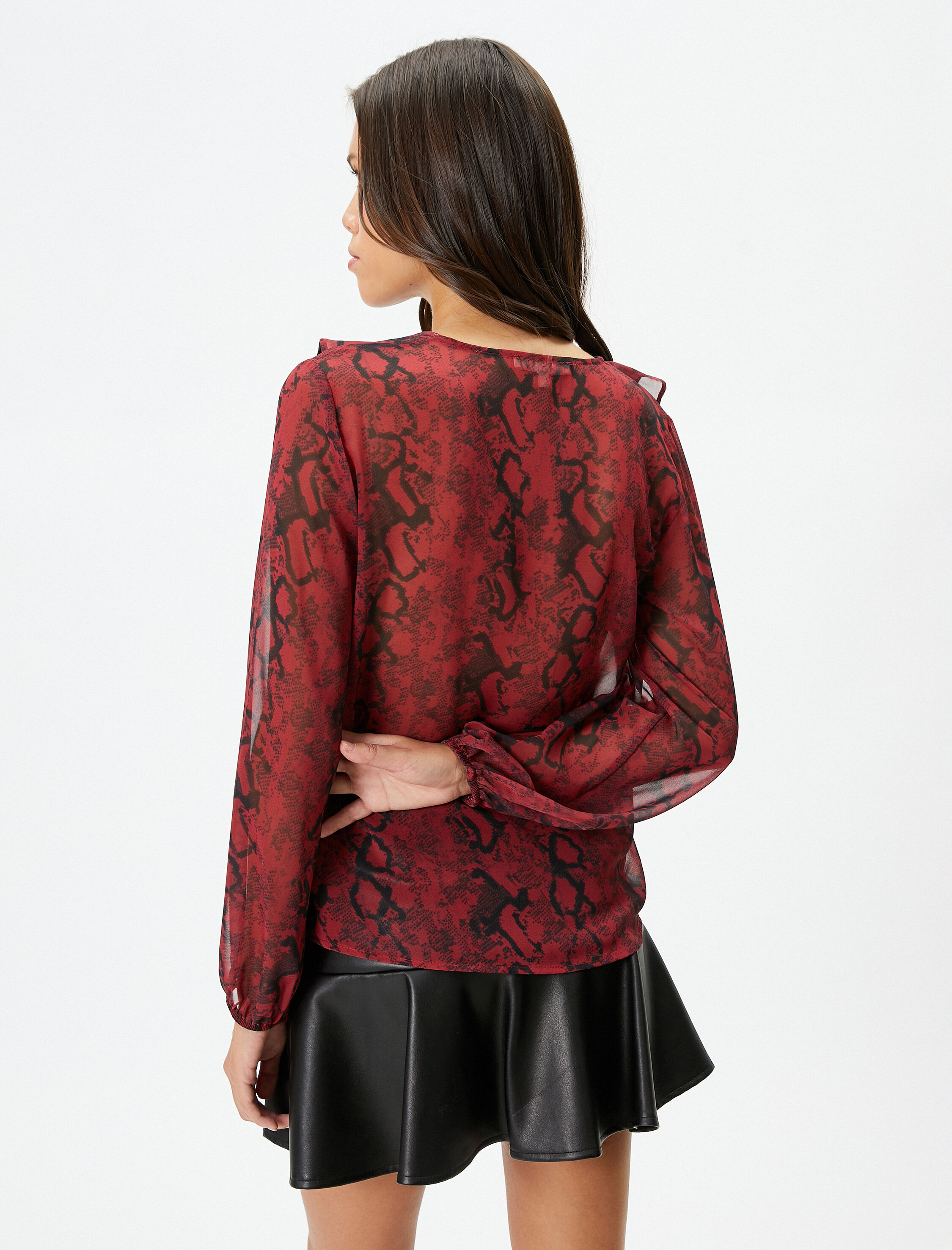   Şifon Transparan Gömlek Balon Kollu V Yaka Fırfırlı