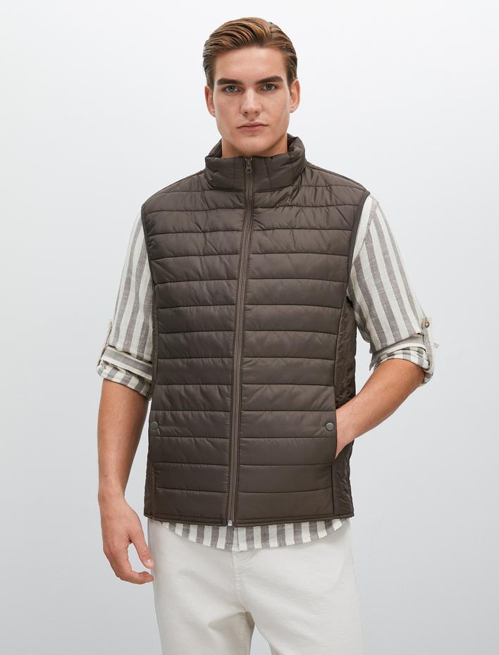  Şişme Yelek Dik Yaka Cep Detaylı Fermuarlı