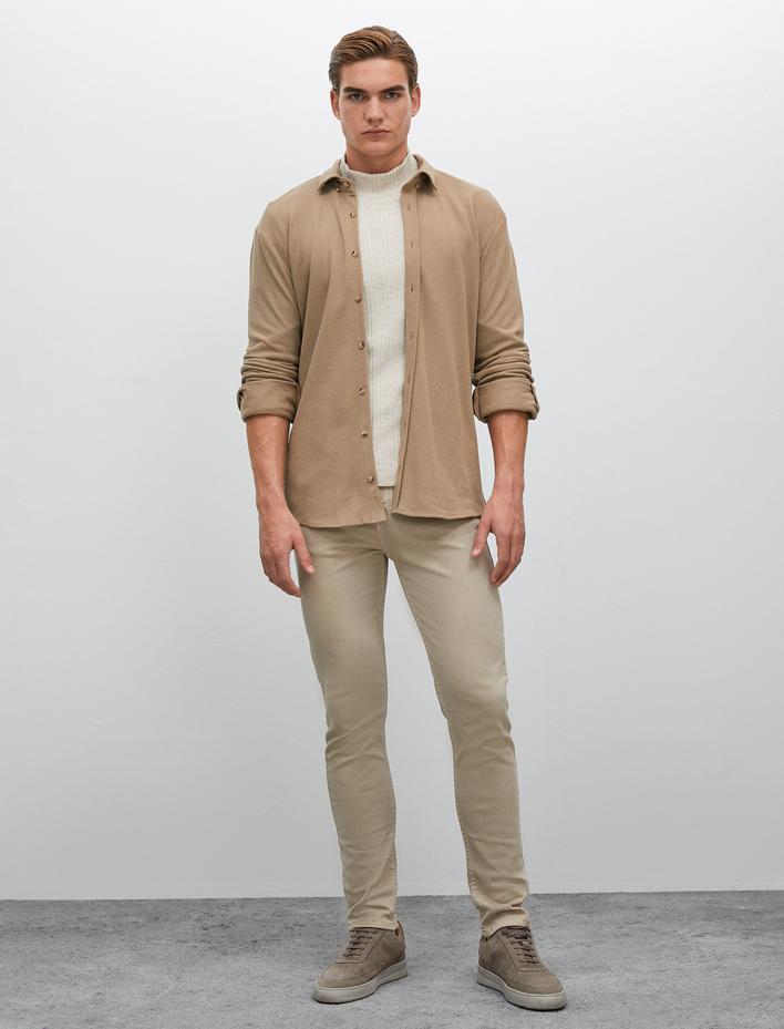  Uzun Kollu Gömlek Klasik Yaka Düğmeli Dokulu