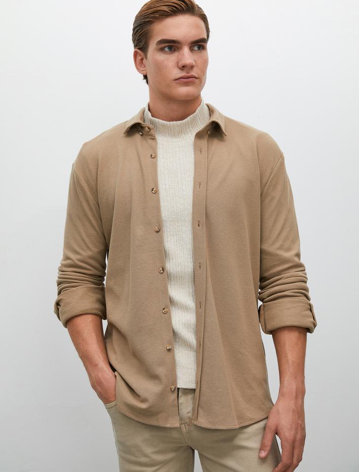  Uzun Kollu Gömlek Klasik Yaka Düğmeli Dokulu