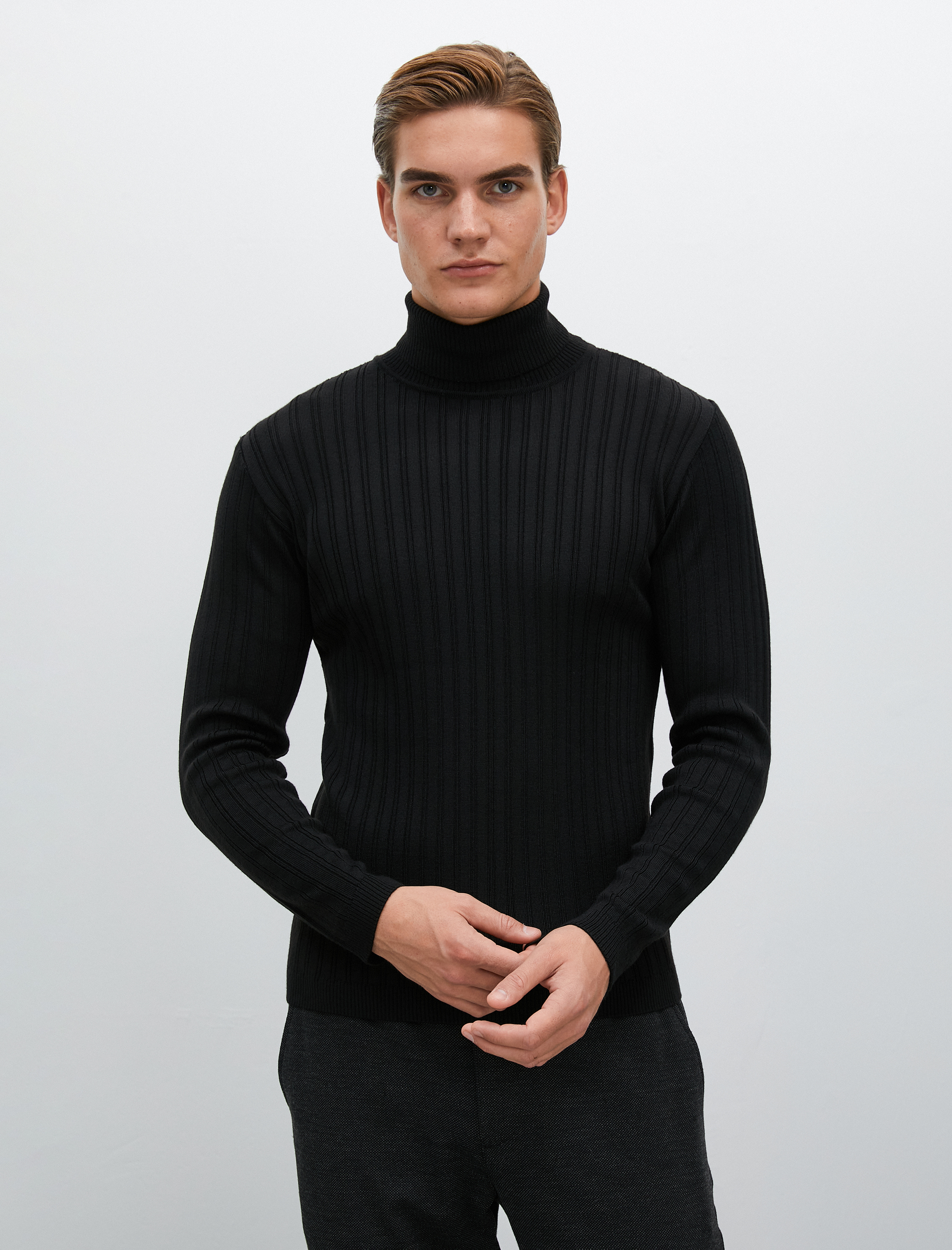 Boğazlı Kazak Triko Basic Dokulu Uzun Kollu