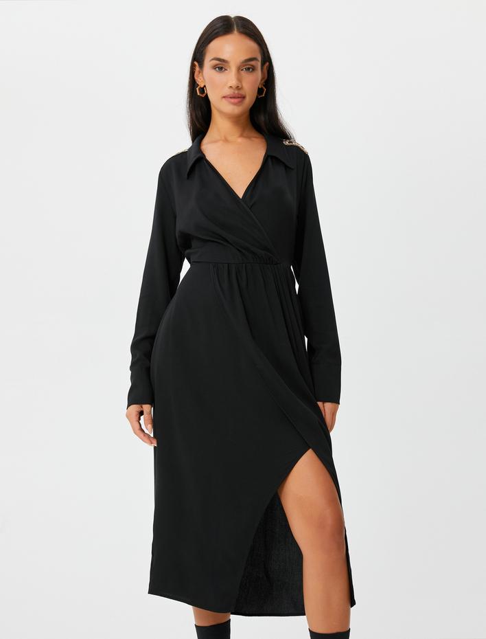  Midi Gömlek Elbise Anvelop Uzun Kollu Yırtmaçlı Nakışlı