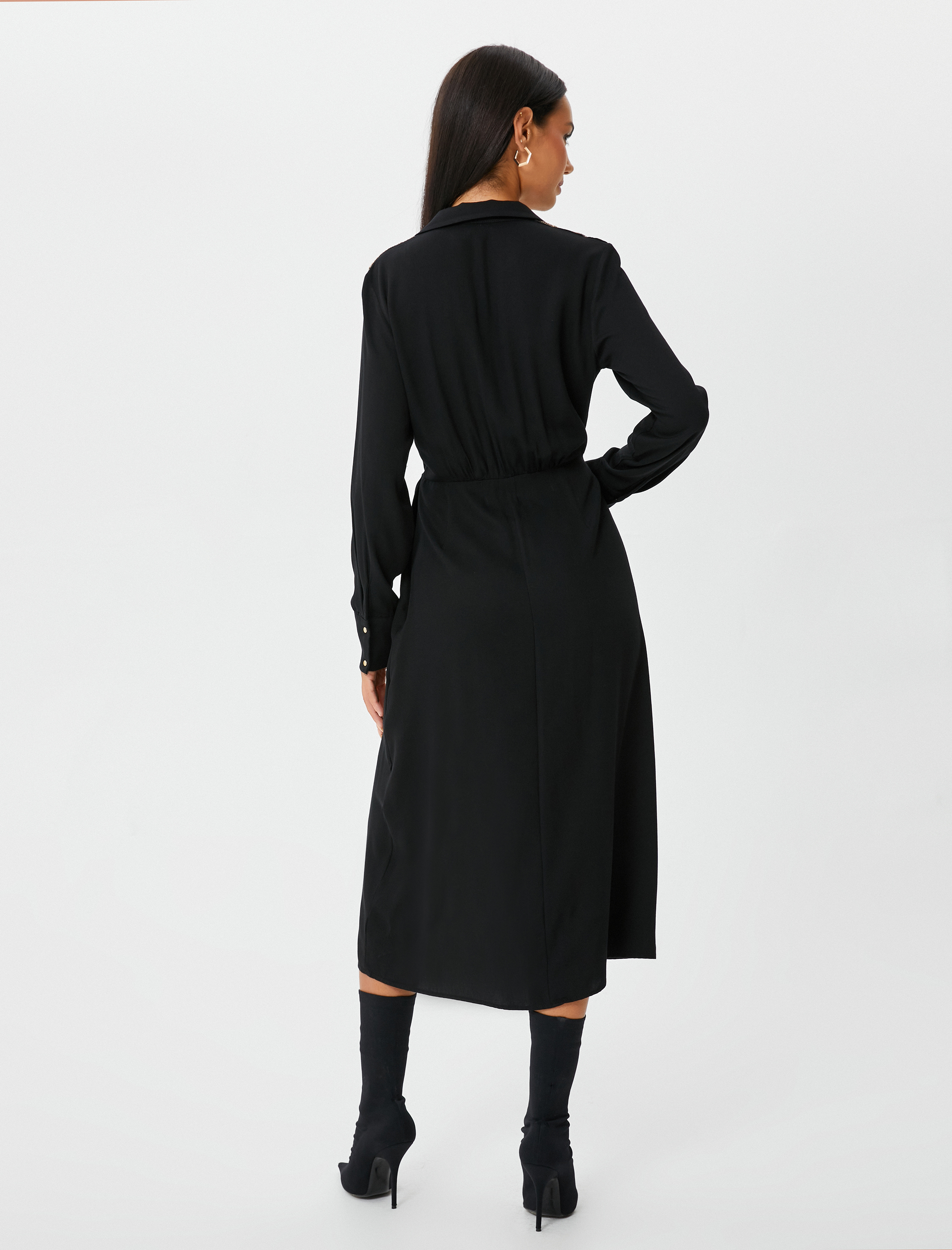   Midi Gömlek Elbise Anvelop Uzun Kollu Yırtmaçlı Nakışlı