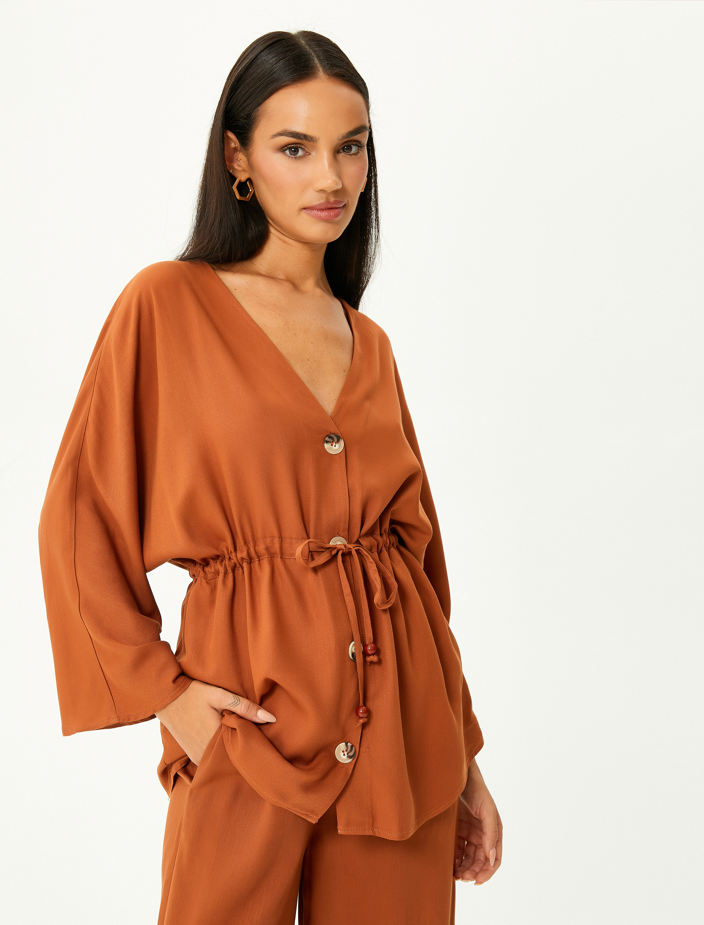   Kimono Geniş Kollu Düğmeli Beli Bağcıklı V Yaka