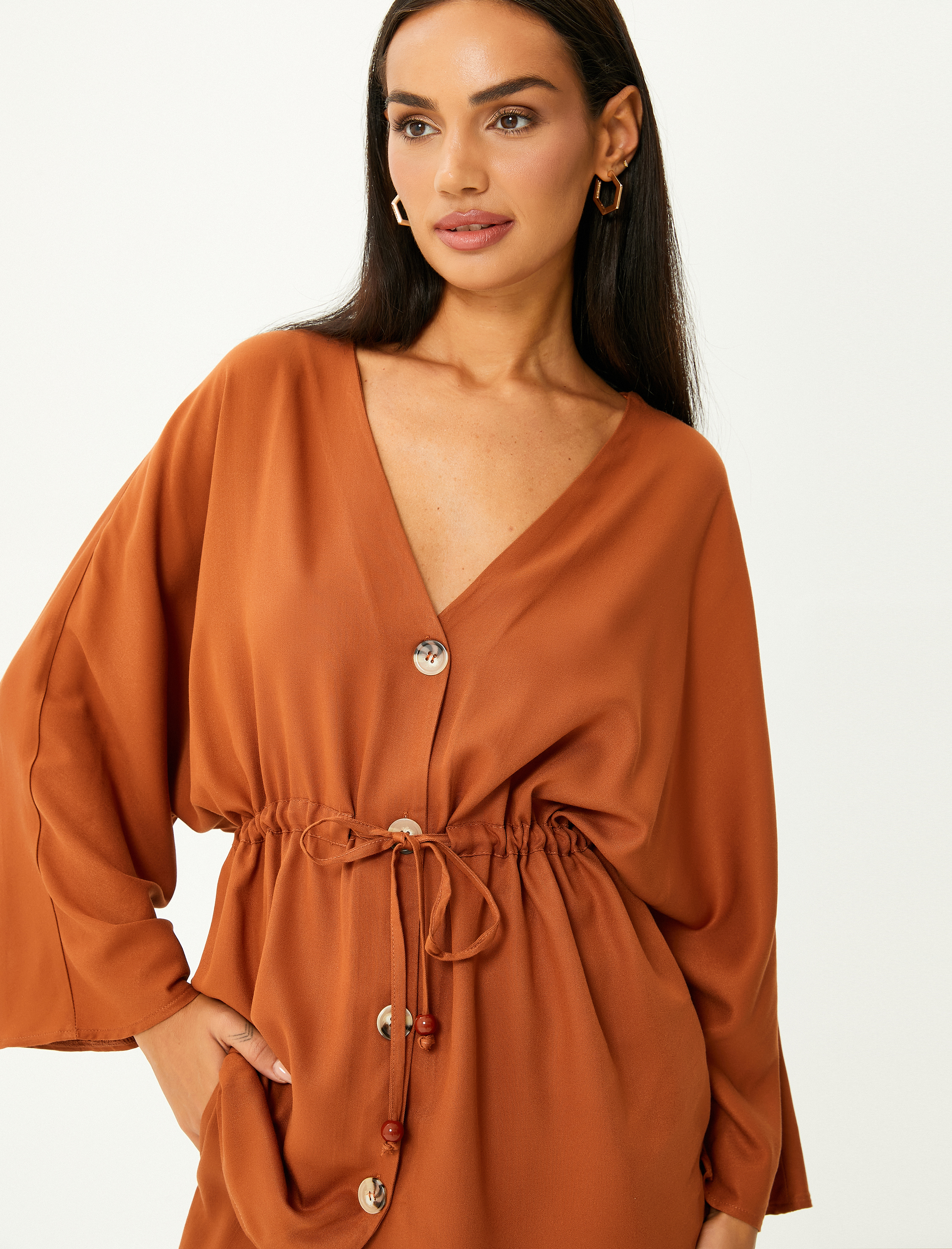   Kimono Geniş Kollu Düğmeli Beli Bağcıklı V Yaka