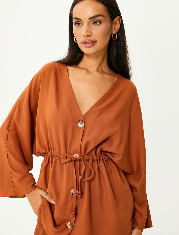  Kimono Geniş Kollu Düğmeli Beli Bağcıklı V Yaka