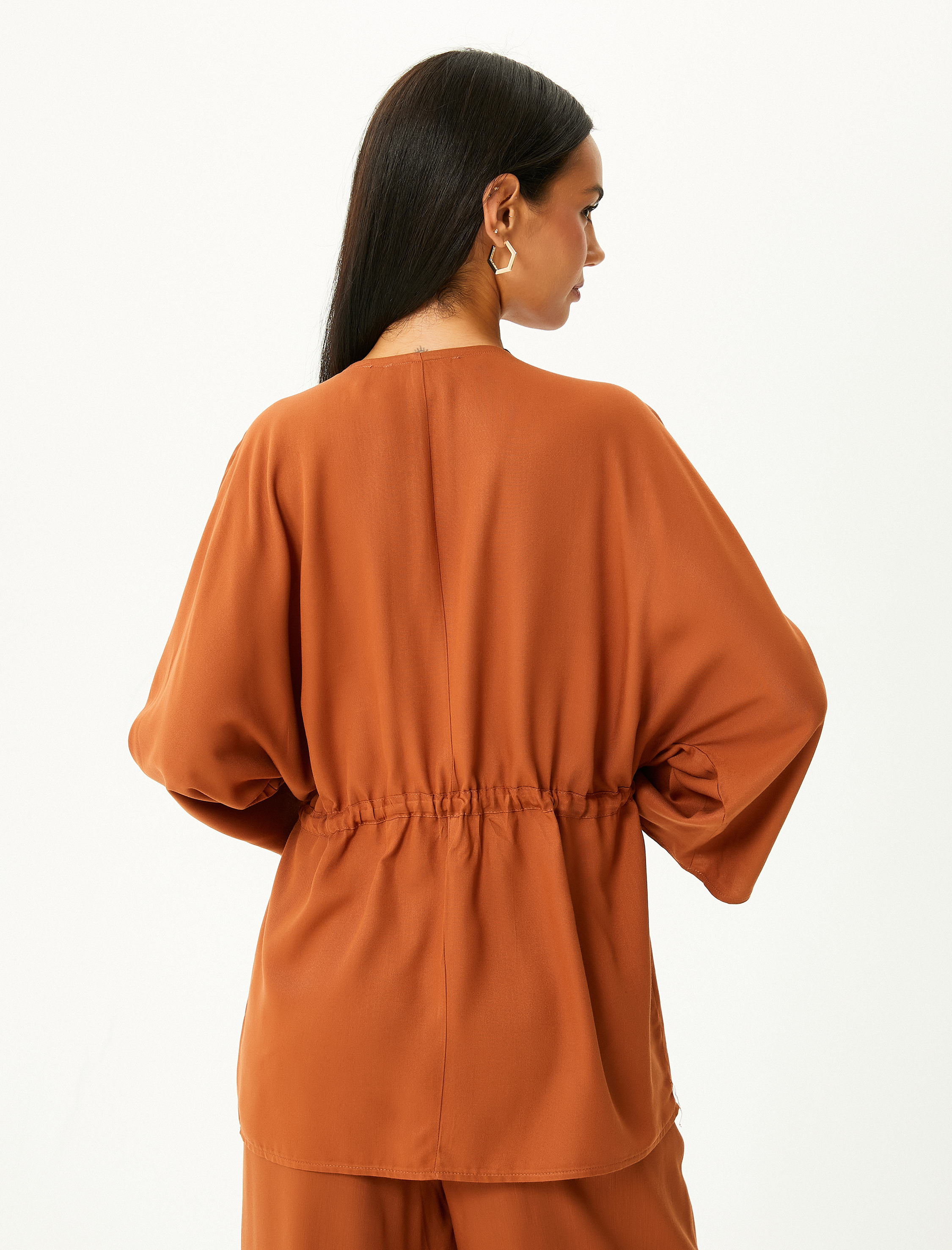  Kimono Geniş Kollu Düğmeli Beli Bağcıklı V Yaka