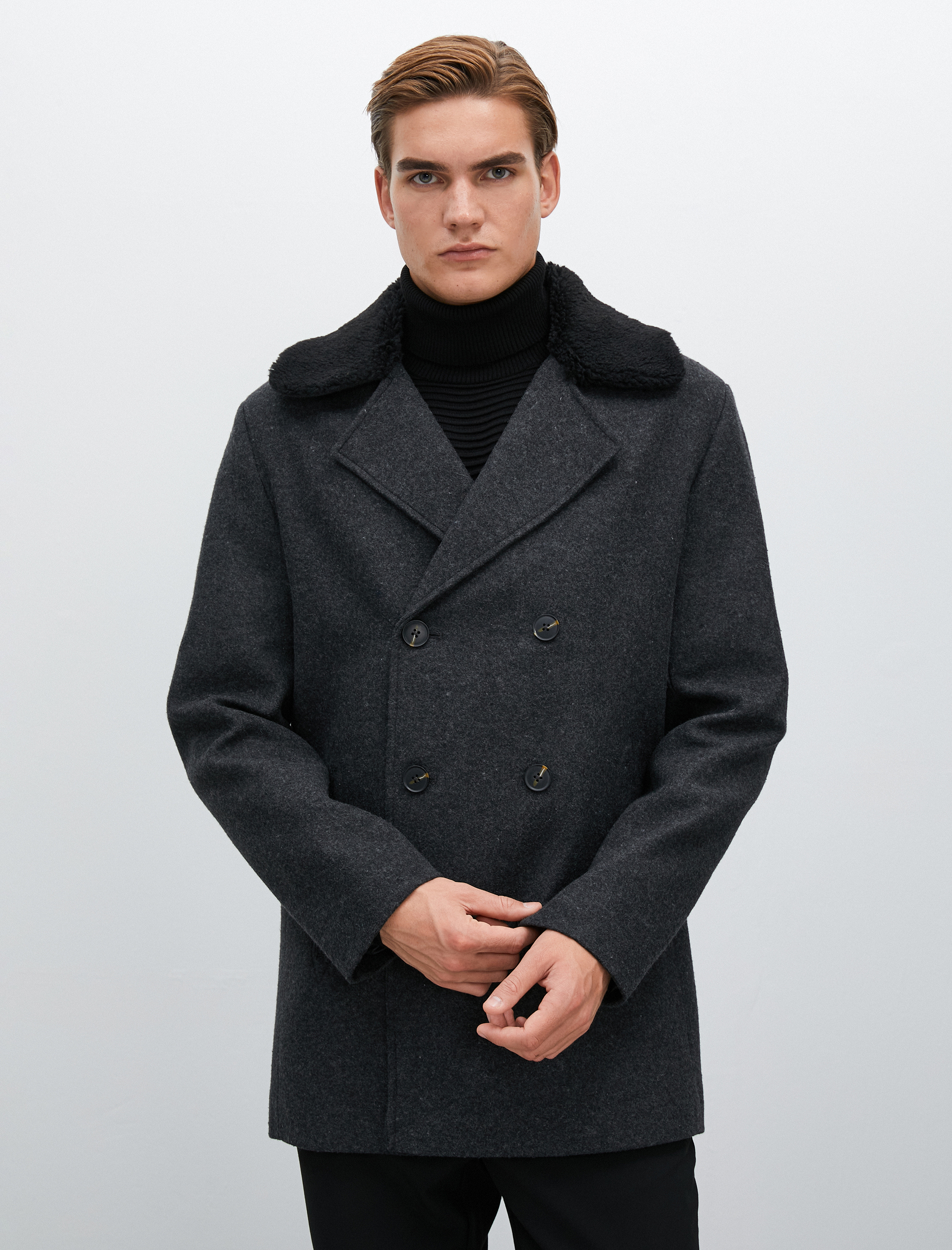   Kaşe Kaban Kruvaze Şerpalı Yaka Düğme Detaylı Cepli