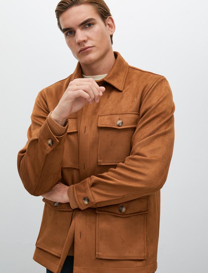  Gömlek Ceket Süet Görünümlü Kapaklı Cepli Düğmeli Klasik Yaka