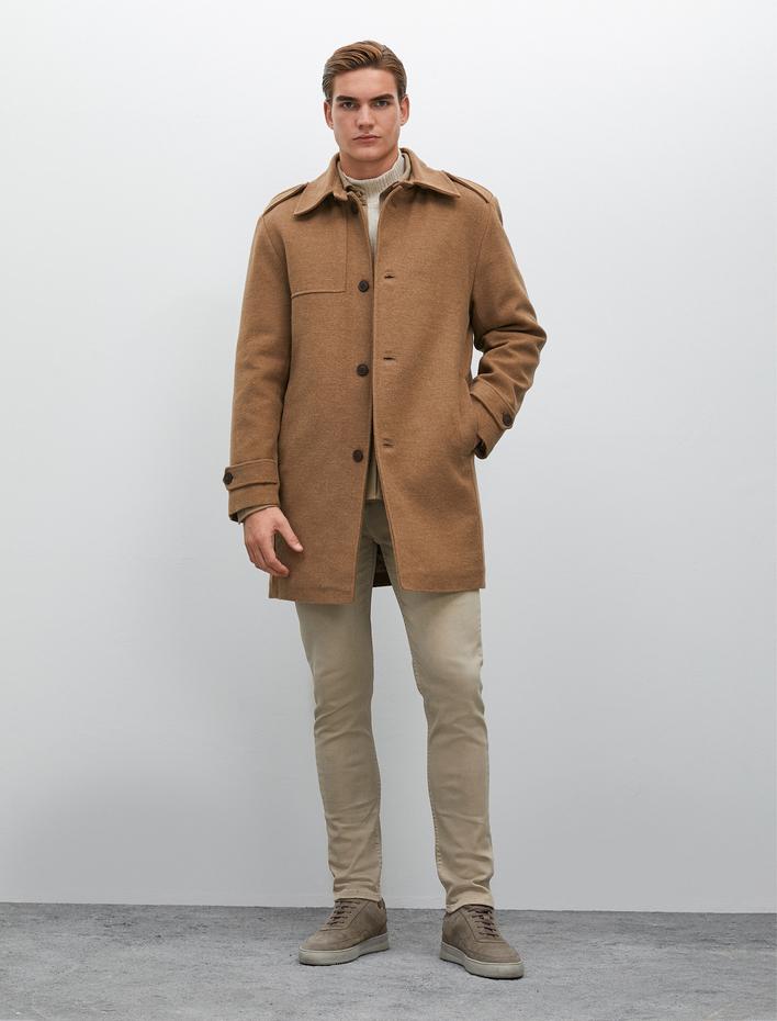  Uzun Kaban Kaşe Düğme Detaylı Cepli Klasik Yaka