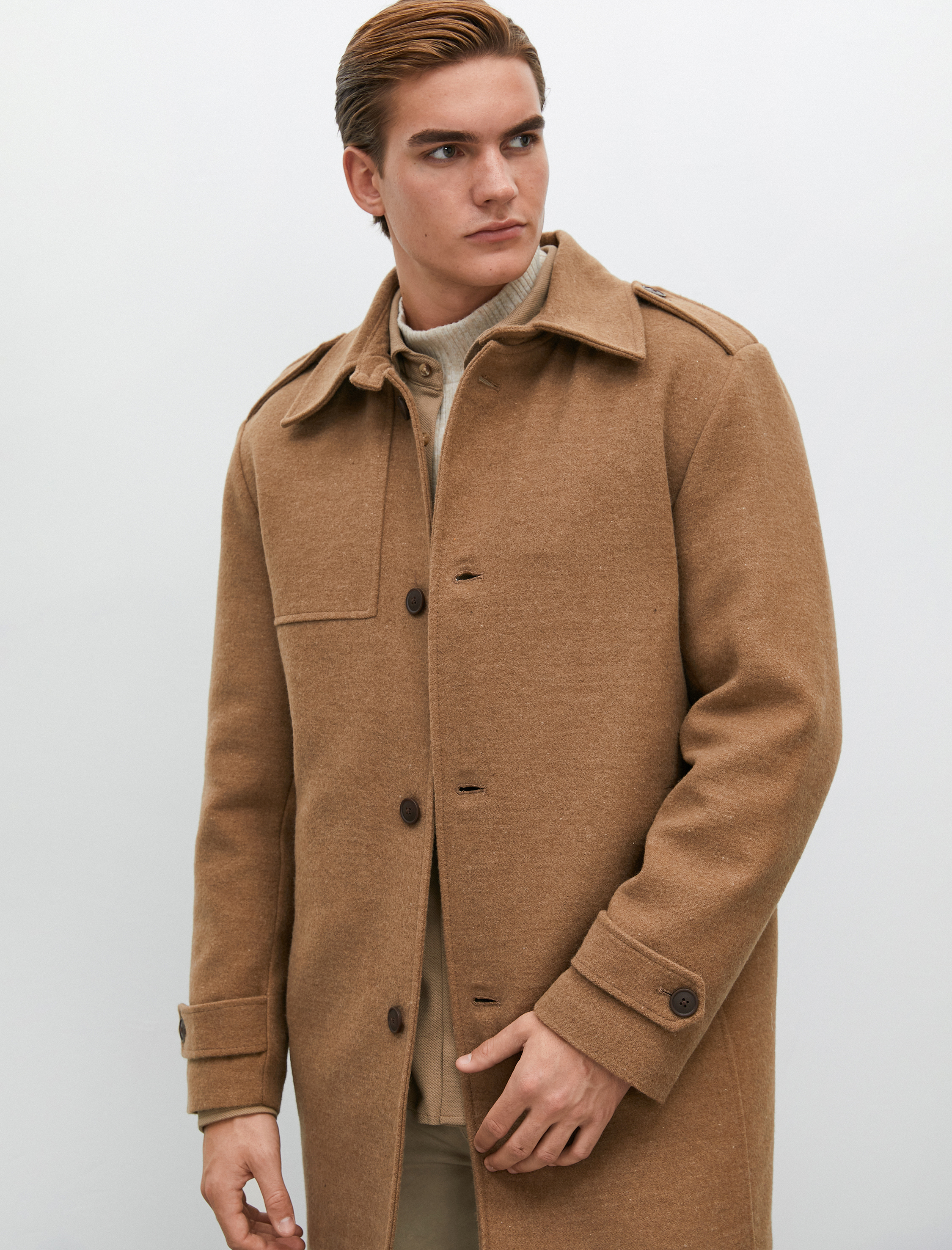   Uzun Kaban Kaşe Düğme Detaylı Cepli Klasik Yaka