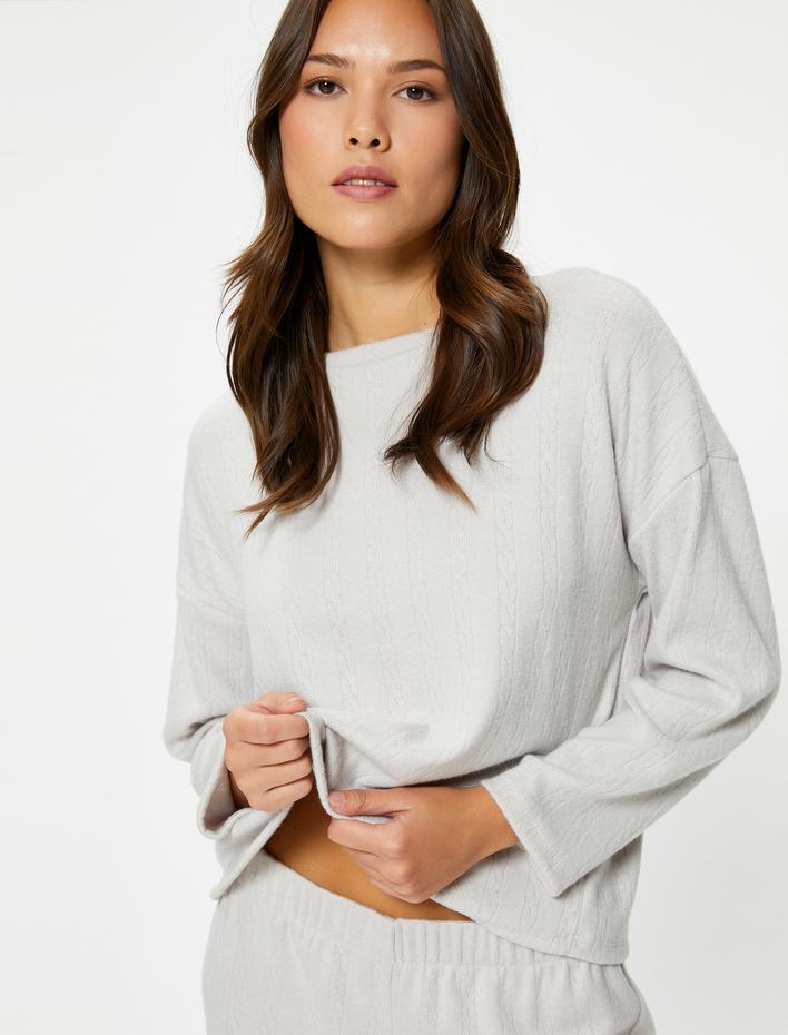  Pijama Üstü Uzun Kollu Bisiklet Yaka Dokulu Rahat Kesim