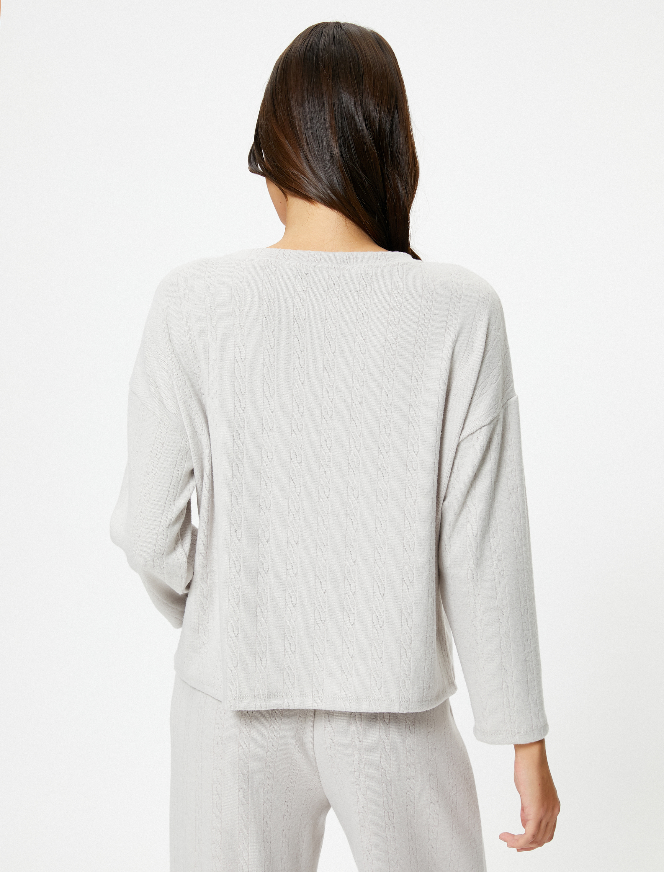   Pijama Üstü Uzun Kollu Bisiklet Yaka Dokulu Rahat Kesim