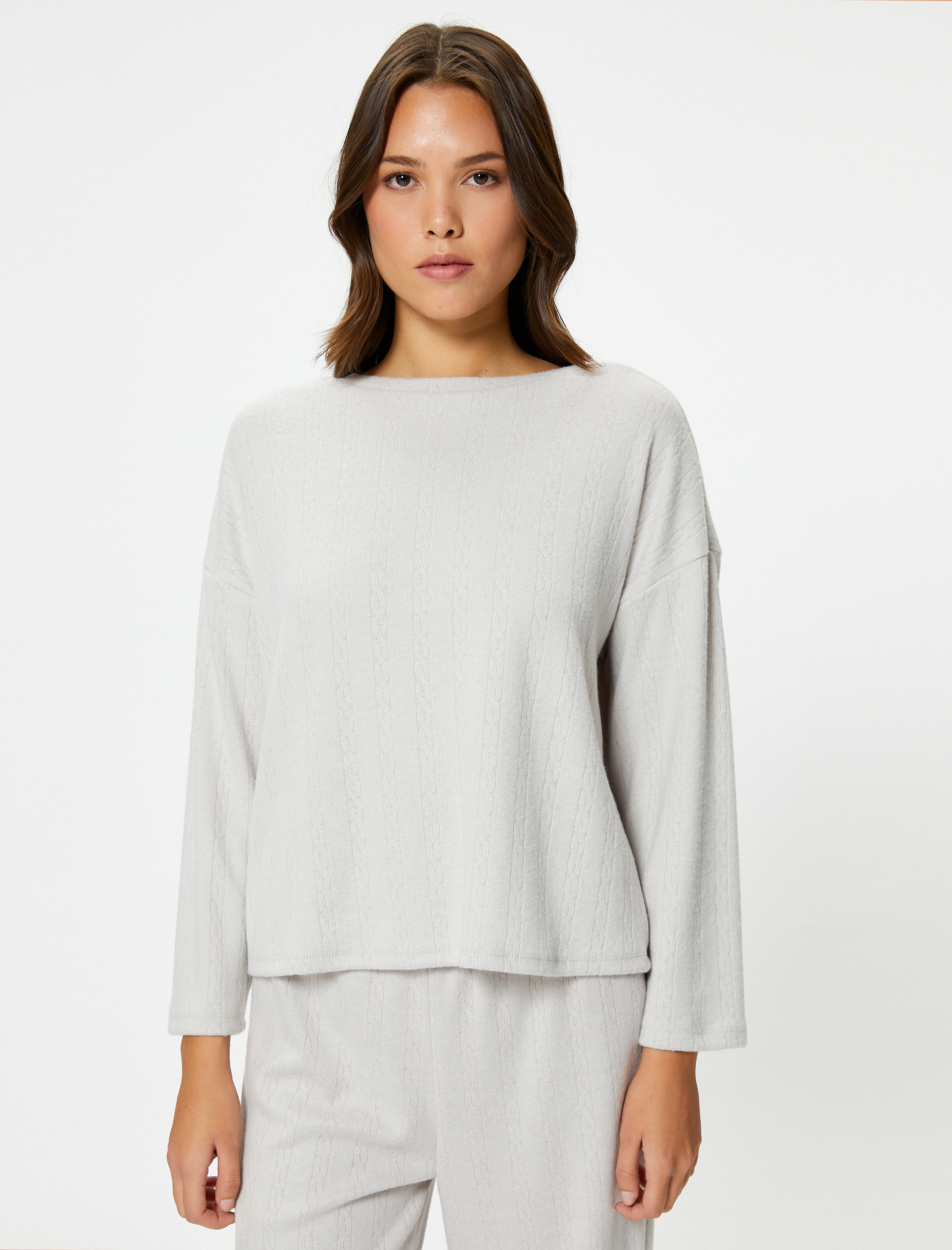   Pijama Üstü Uzun Kollu Bisiklet Yaka Dokulu Rahat Kesim