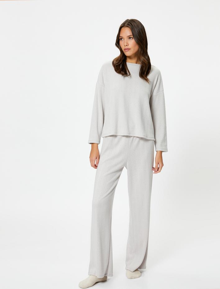  Pijama Üstü Uzun Kollu Bisiklet Yaka Dokulu Rahat Kesim