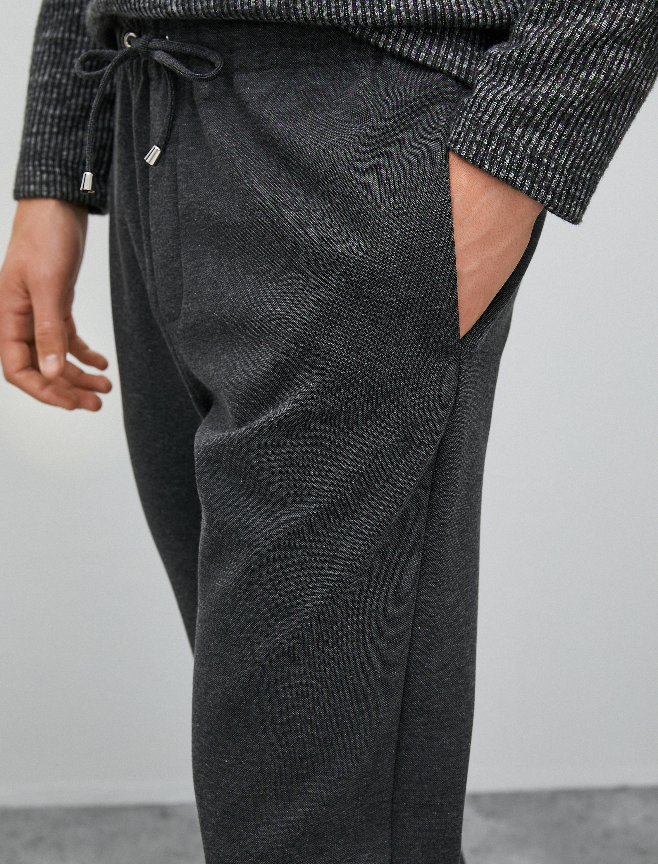   Basic Dokuma Pantolon Slim Fit Beli Bağcıklı Cepli Katlı Paça