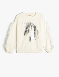 Sweatshirt Uzun Kollu Parlak Unicorn Baskılı Püskül Detaylı Pamuklu