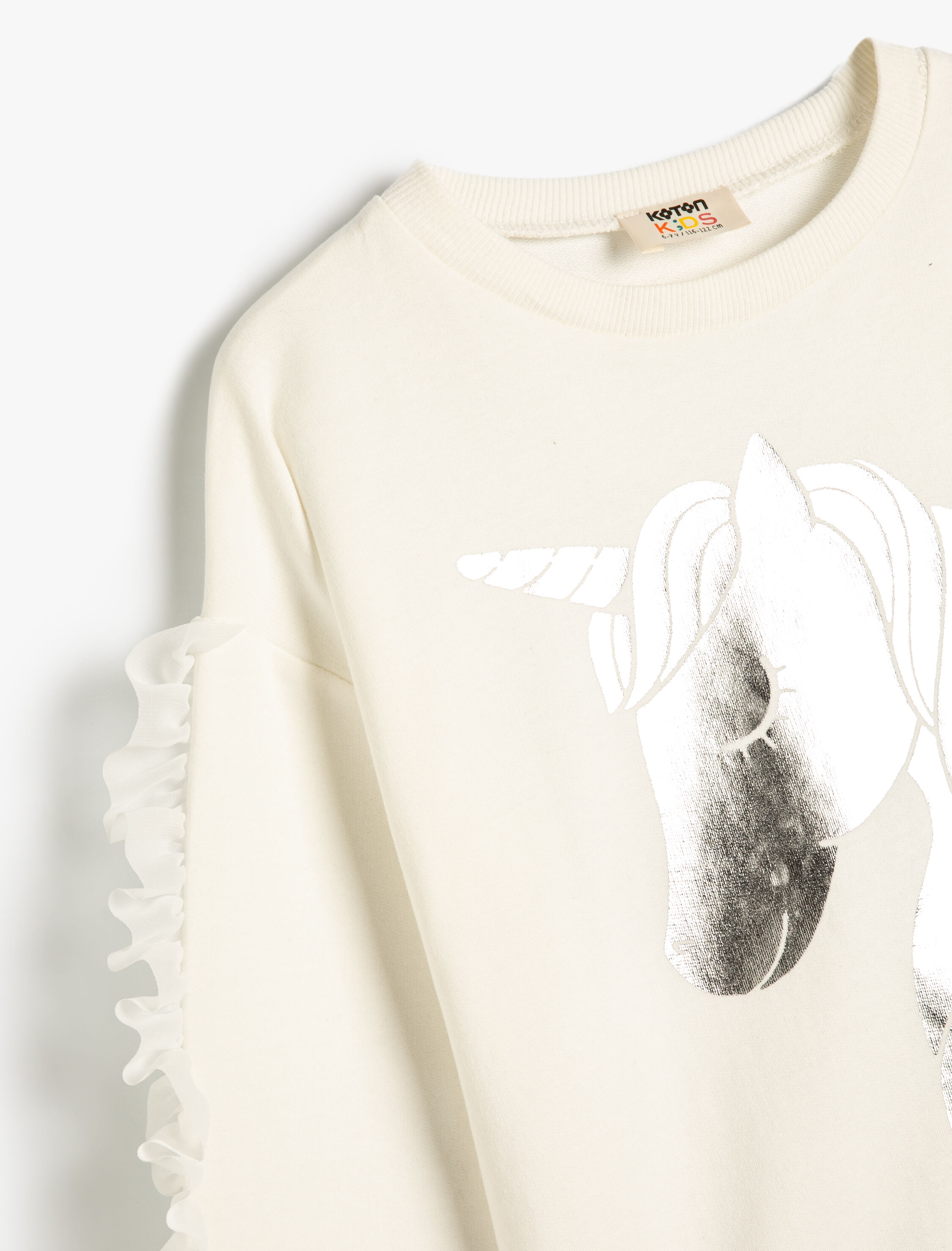  Kız Çocuk Sweatshirt Uzun Kollu Parlak Unicorn Baskılı Püskül Detaylı Pamuklu