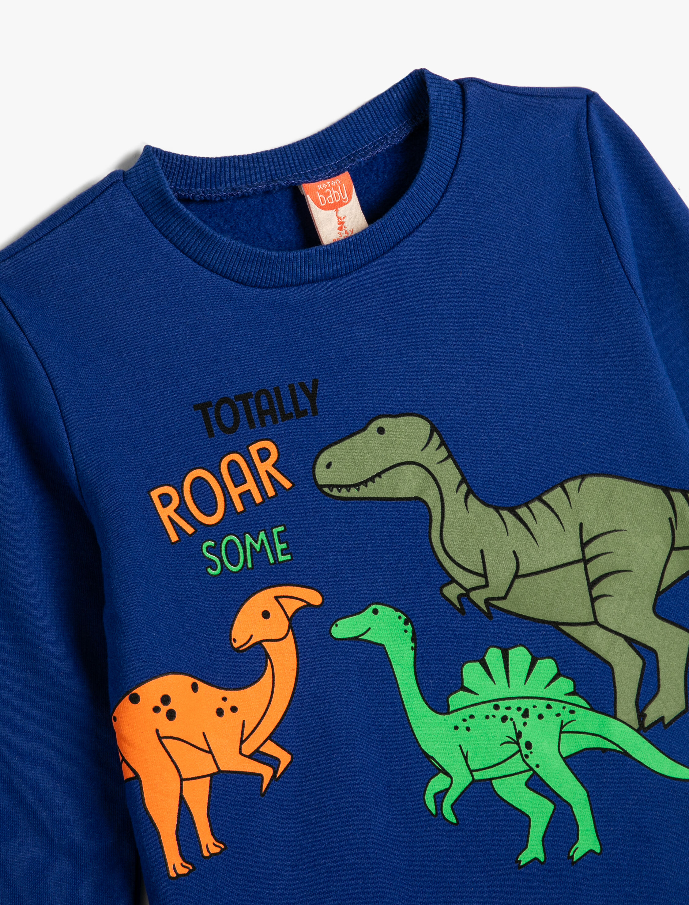  Erkek Bebek Sweatshirt Dinozor Baskılı Bisiklet Yaka Uzun Kollu Şardonlu Pamuklu