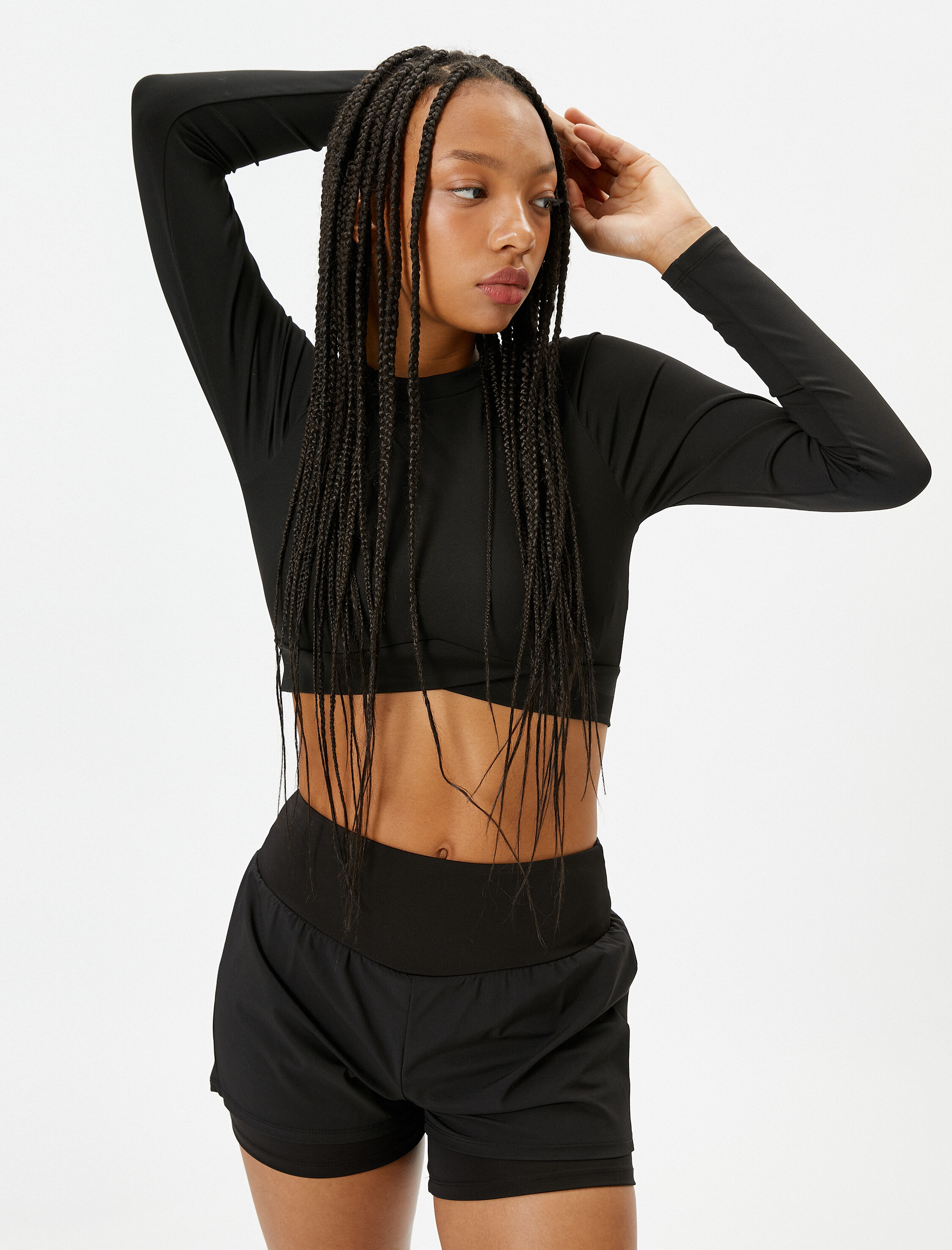   Uzun Kollu Crop Spor Tişört Dar Kalıp Asimetrik Kesim Bisiklet Yaka