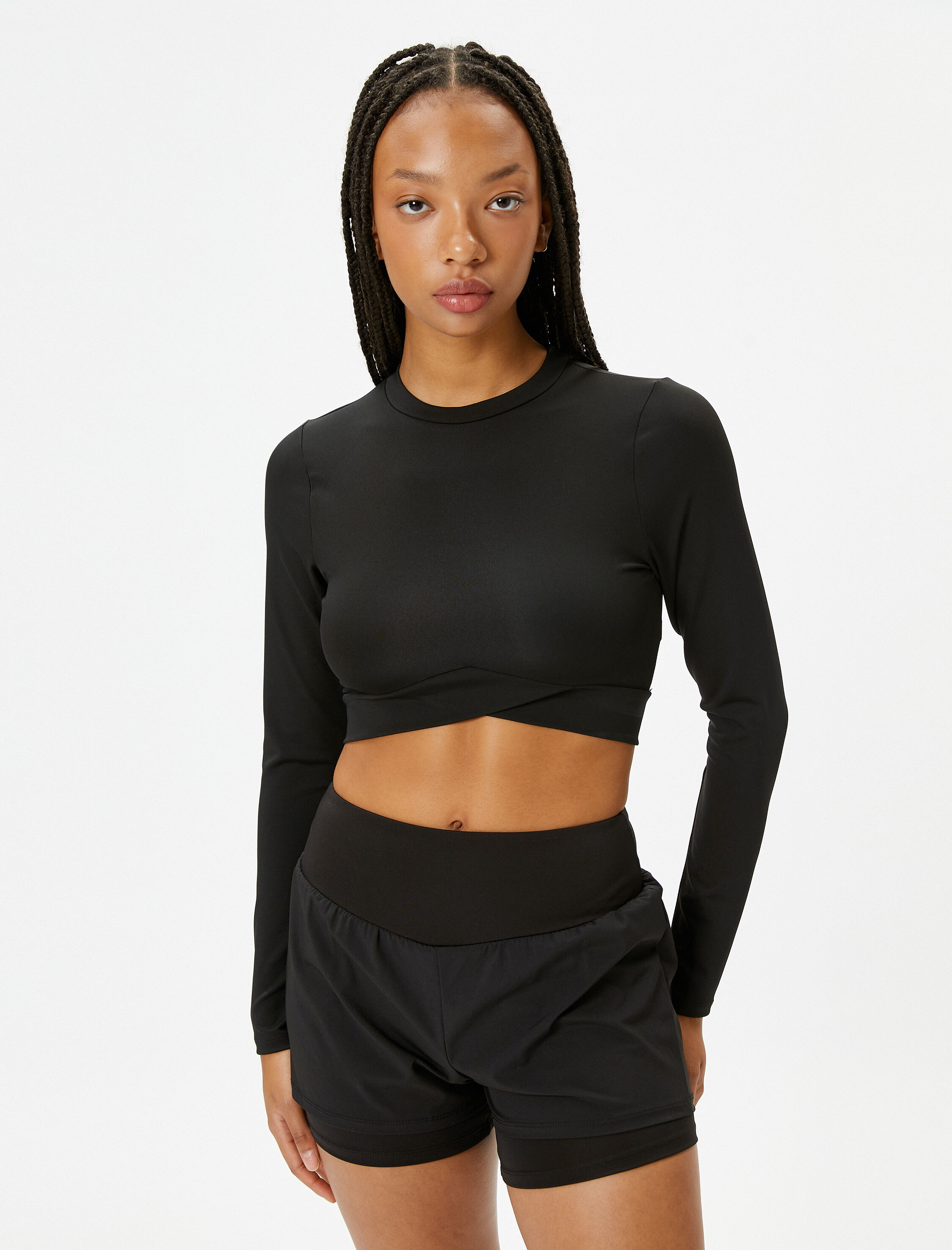   Uzun Kollu Crop Spor Tişört Dar Kalıp Asimetrik Kesim Bisiklet Yaka