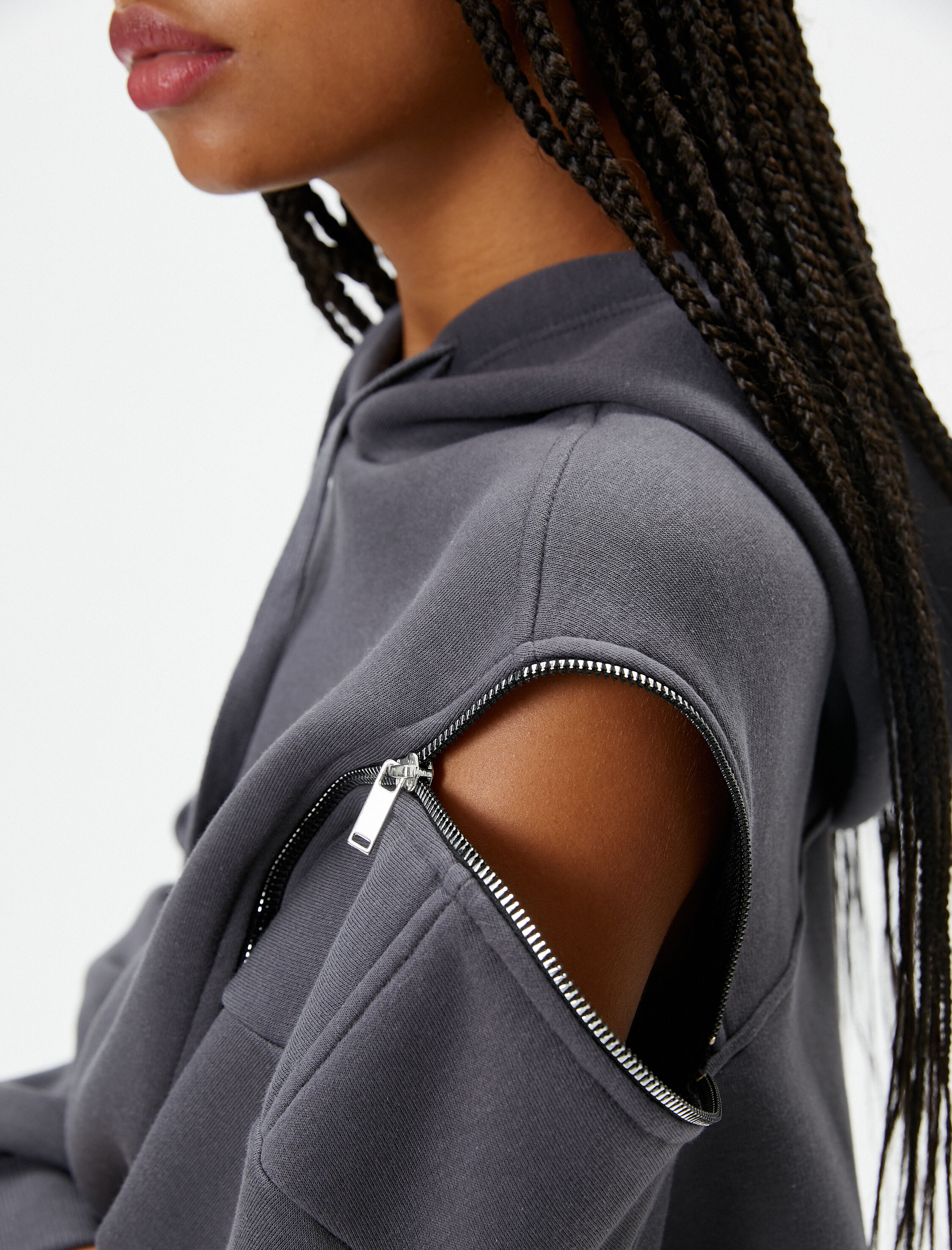   Şardonlu Oversize Kapşonlu Sweat Omuzdan Fermuar Detaylı Pamuklu