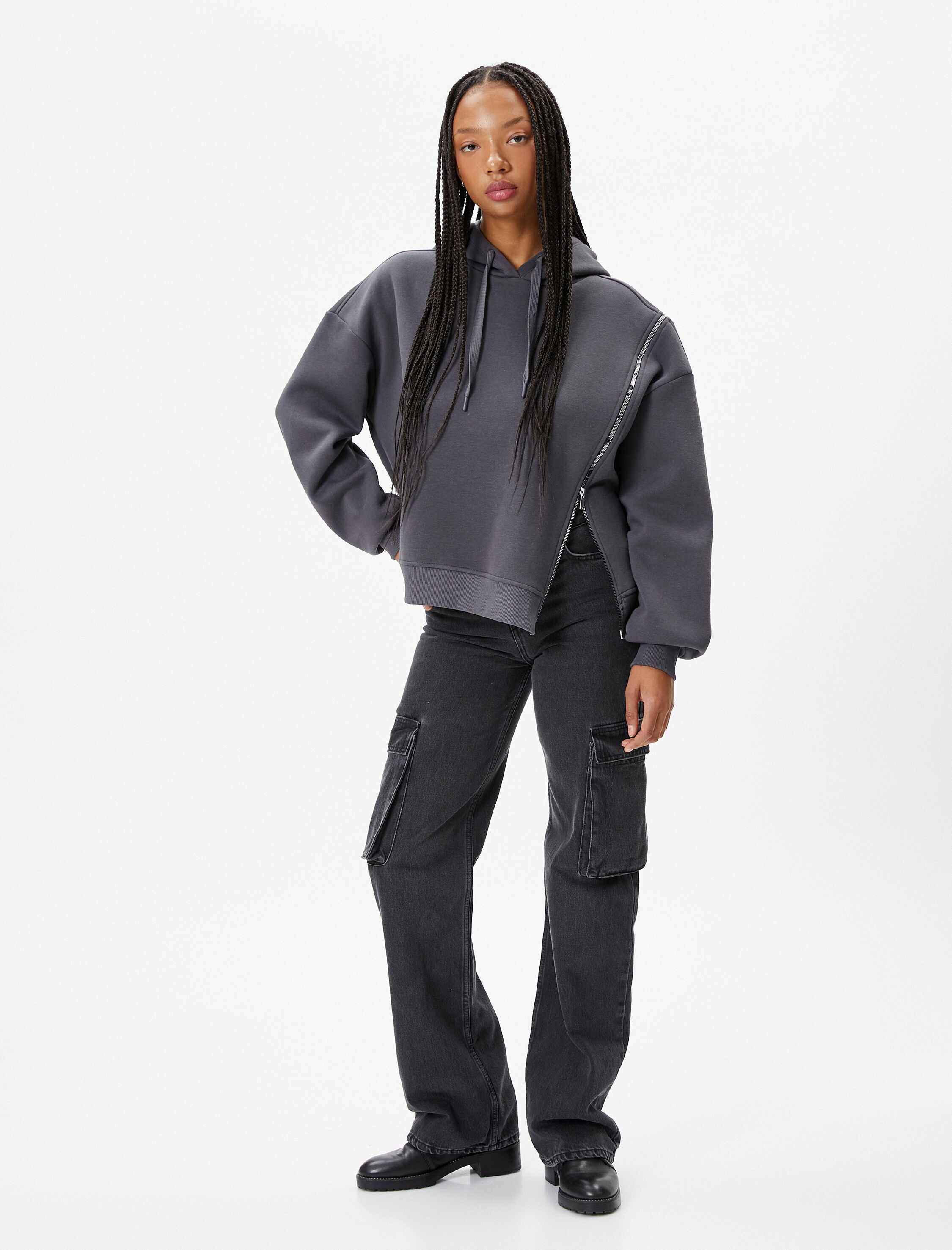   Şardonlu Oversize Kapşonlu Sweat Omuzdan Fermuar Detaylı Pamuklu