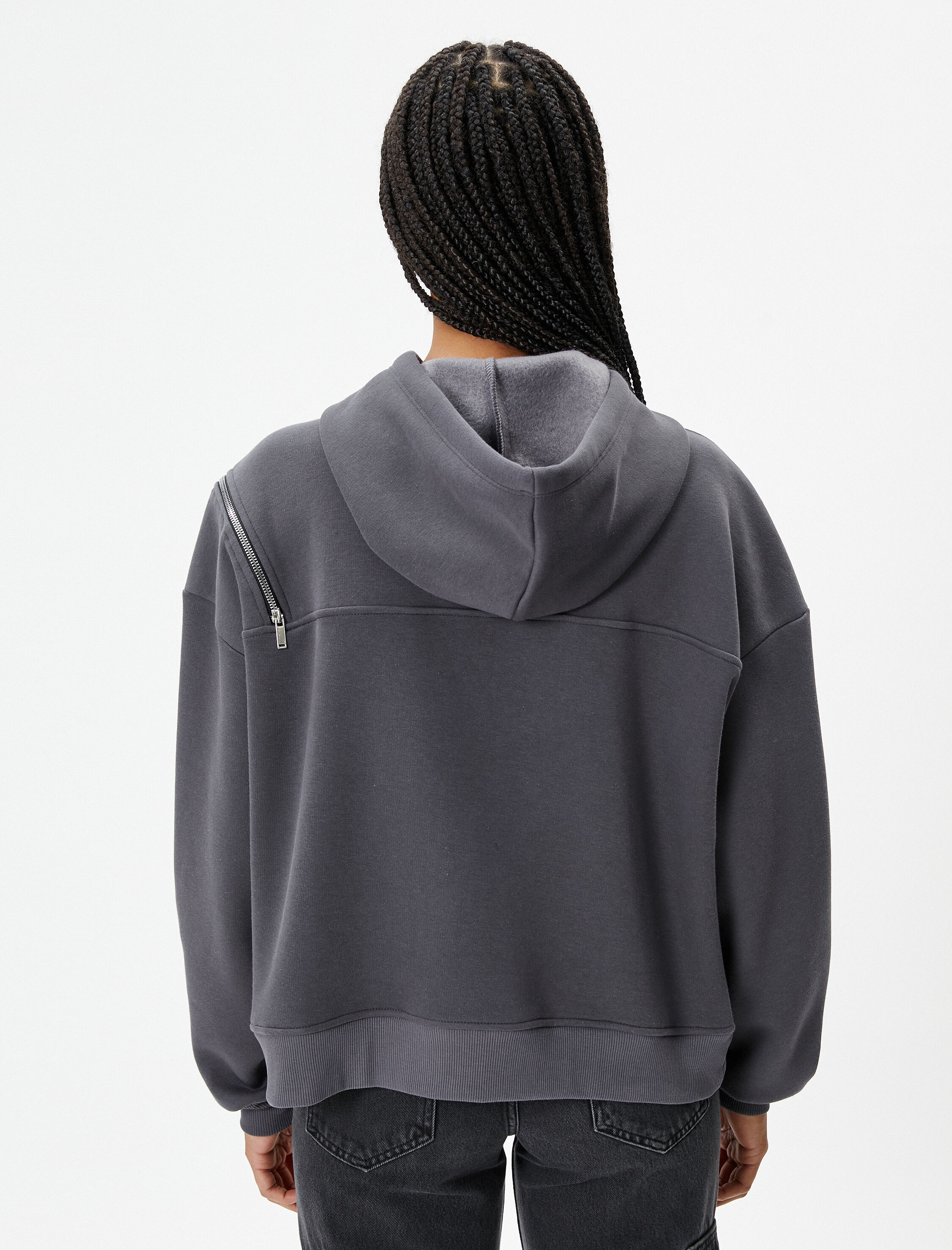   Şardonlu Oversize Kapşonlu Sweat Omuzdan Fermuar Detaylı Pamuklu