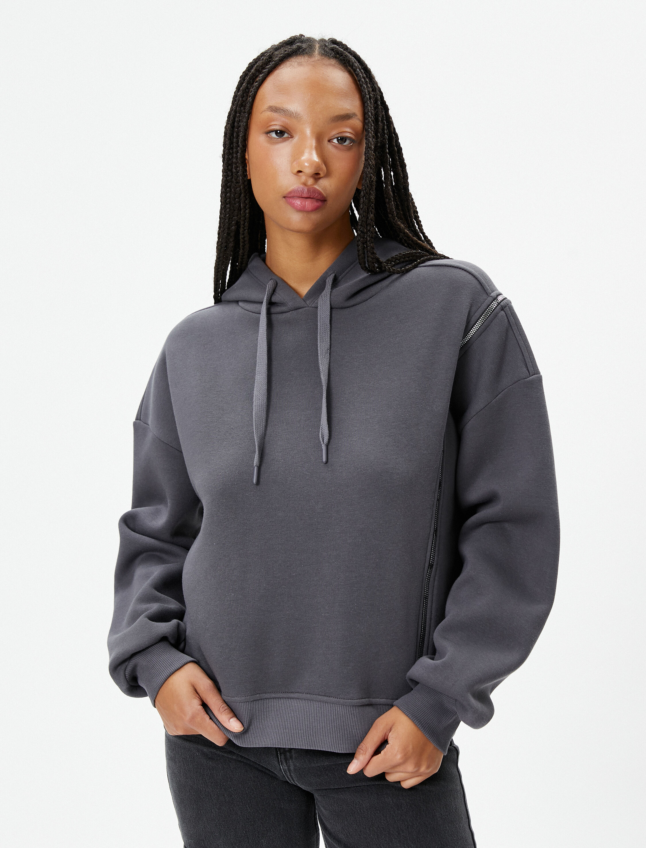   Şardonlu Oversize Kapşonlu Sweat Omuzdan Fermuar Detaylı Pamuklu