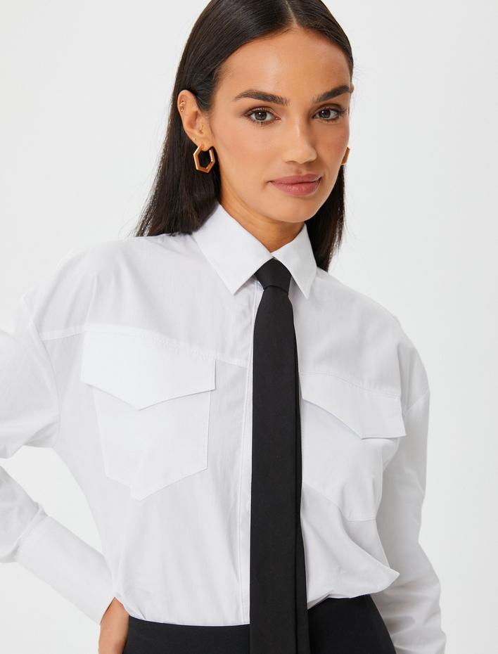  Oversize Gömlek Cep Detaylı Düğmeli Uzun Kollu Pamuklu
