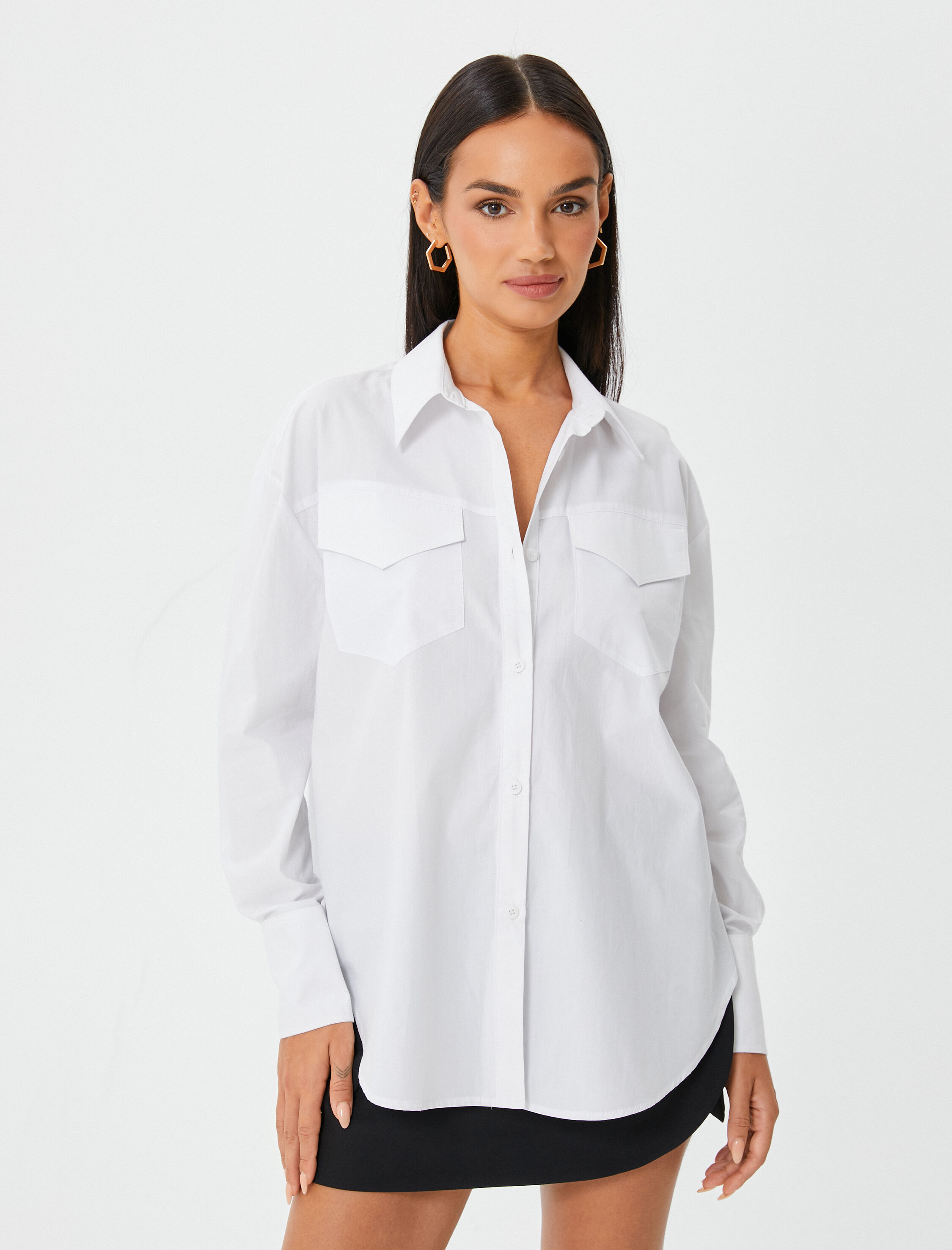   Oversize Gömlek Cep Detaylı Düğmeli Uzun Kollu Pamuklu