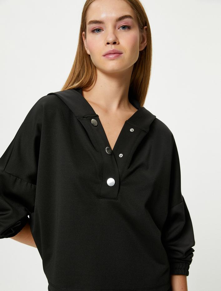  Kapüşonlu Spor Sweatshirt Manşetleri Lastikli Büyük Çıtçıt Kapama Detaylı