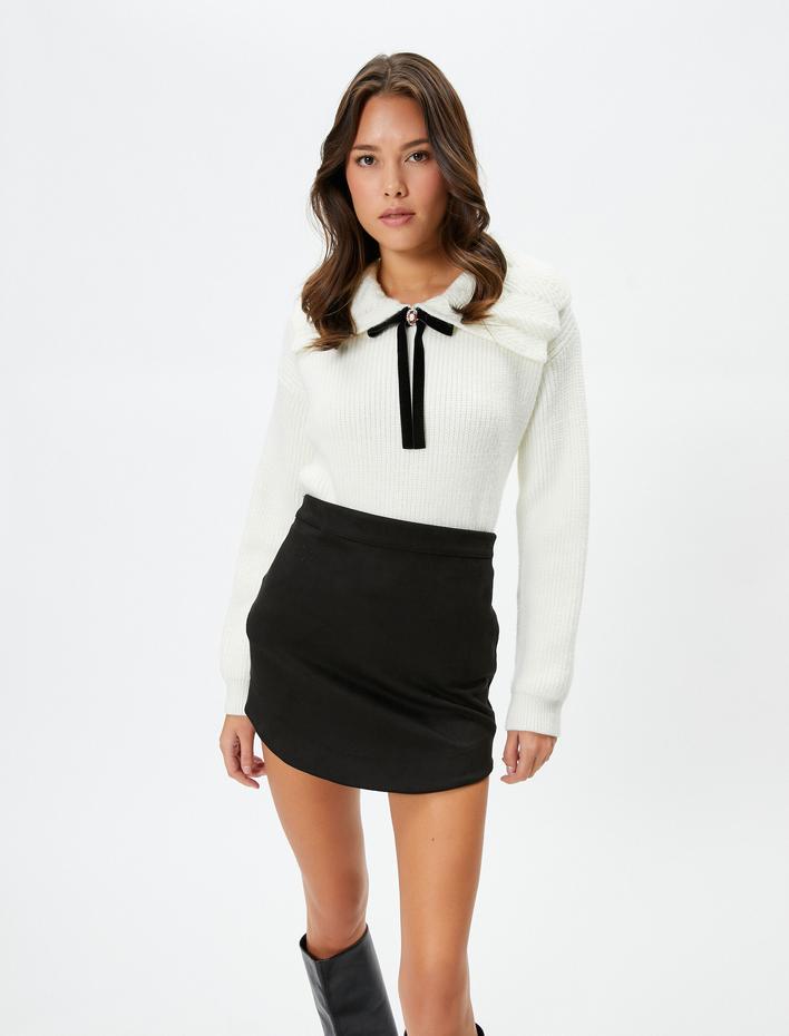  Polo Yaka Kazak Broş Detaylı Örgü Uzun Kollu