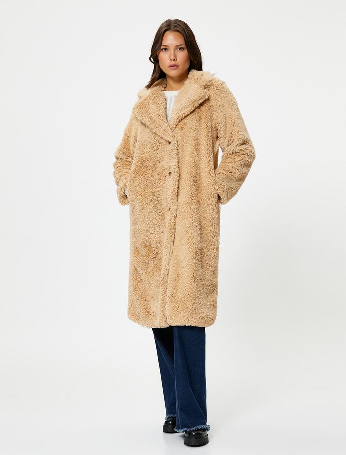  Oversize Peluş Kaban Uzun Cep Detaylı Düğmeli