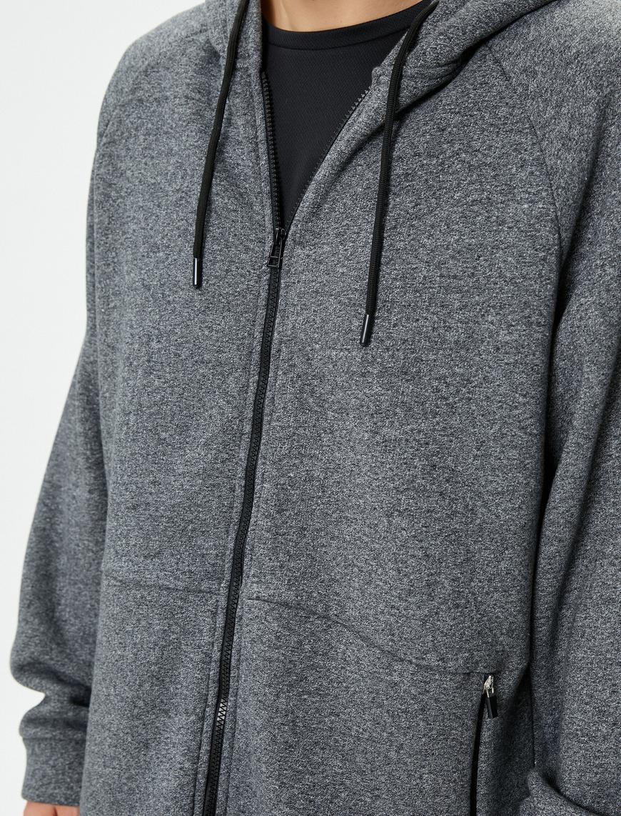   Oversize Fermuarlı Sweatshirt Kapşonlu Kırçıllı Cep Detaylı Şardonlu