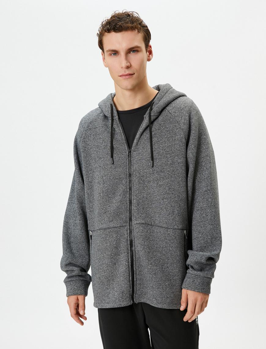   Oversize Fermuarlı Sweatshirt Kapşonlu Kırçıllı Cep Detaylı Şardonlu