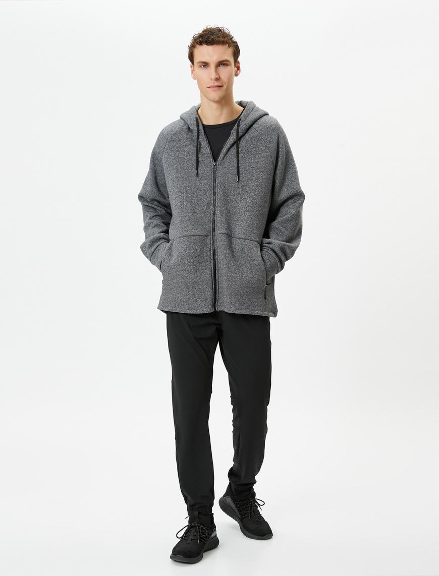   Oversize Fermuarlı Sweatshirt Kapşonlu Kırçıllı Cep Detaylı Şardonlu