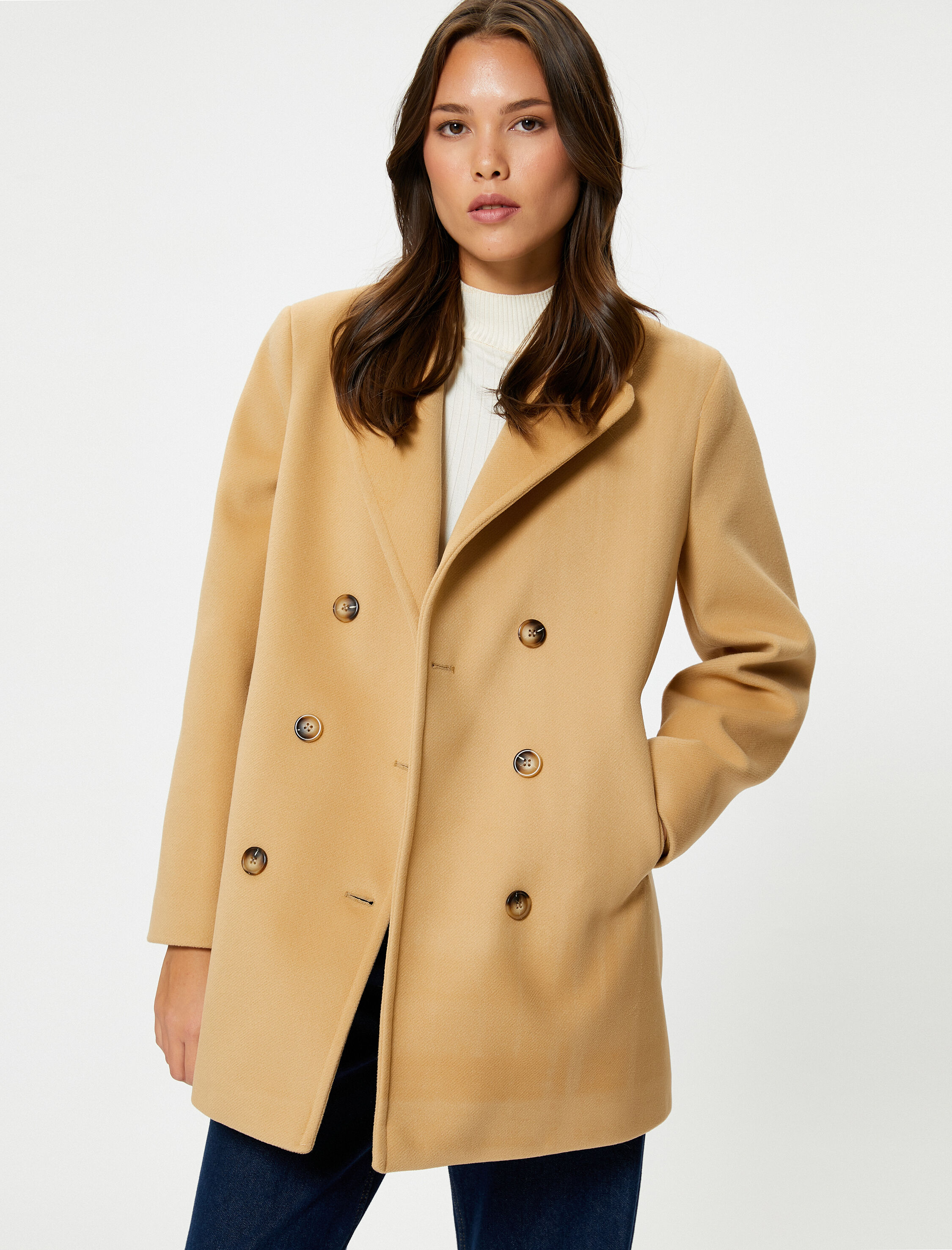   Kaşe Kaban Kruvaze Düğmeli Cep Detaylı