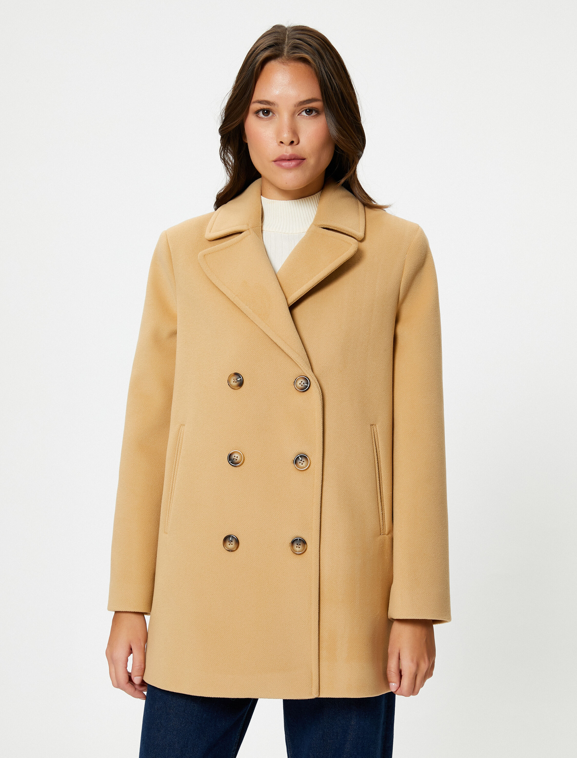   Kaşe Kaban Kruvaze Düğmeli Cep Detaylı