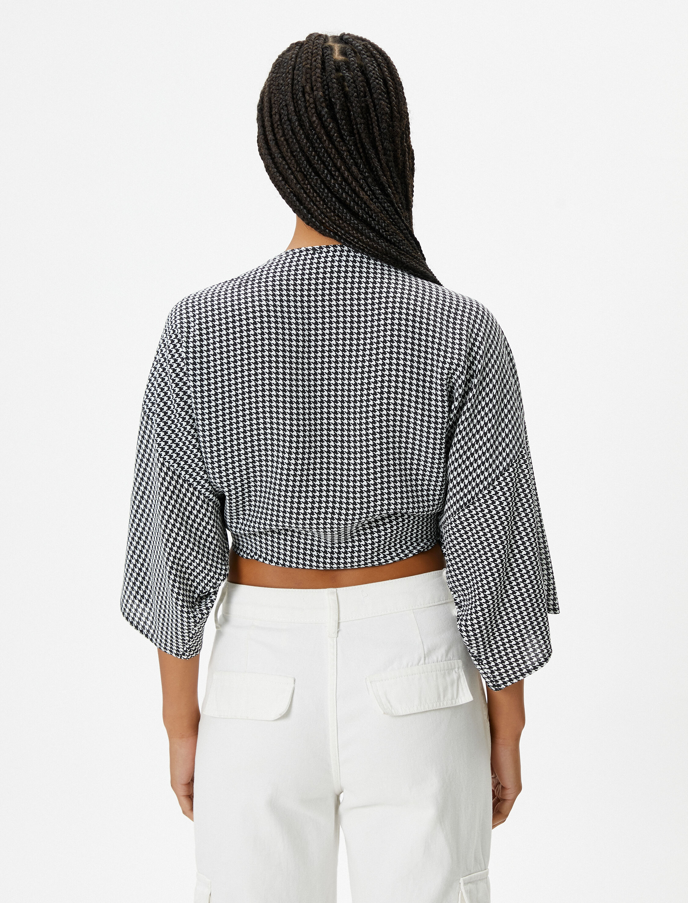   Oversize Crop Kimono Bluz Kruvaze Geniş 3/4 Kol Kaz Ayağı Desenli Bağlama Detaylı