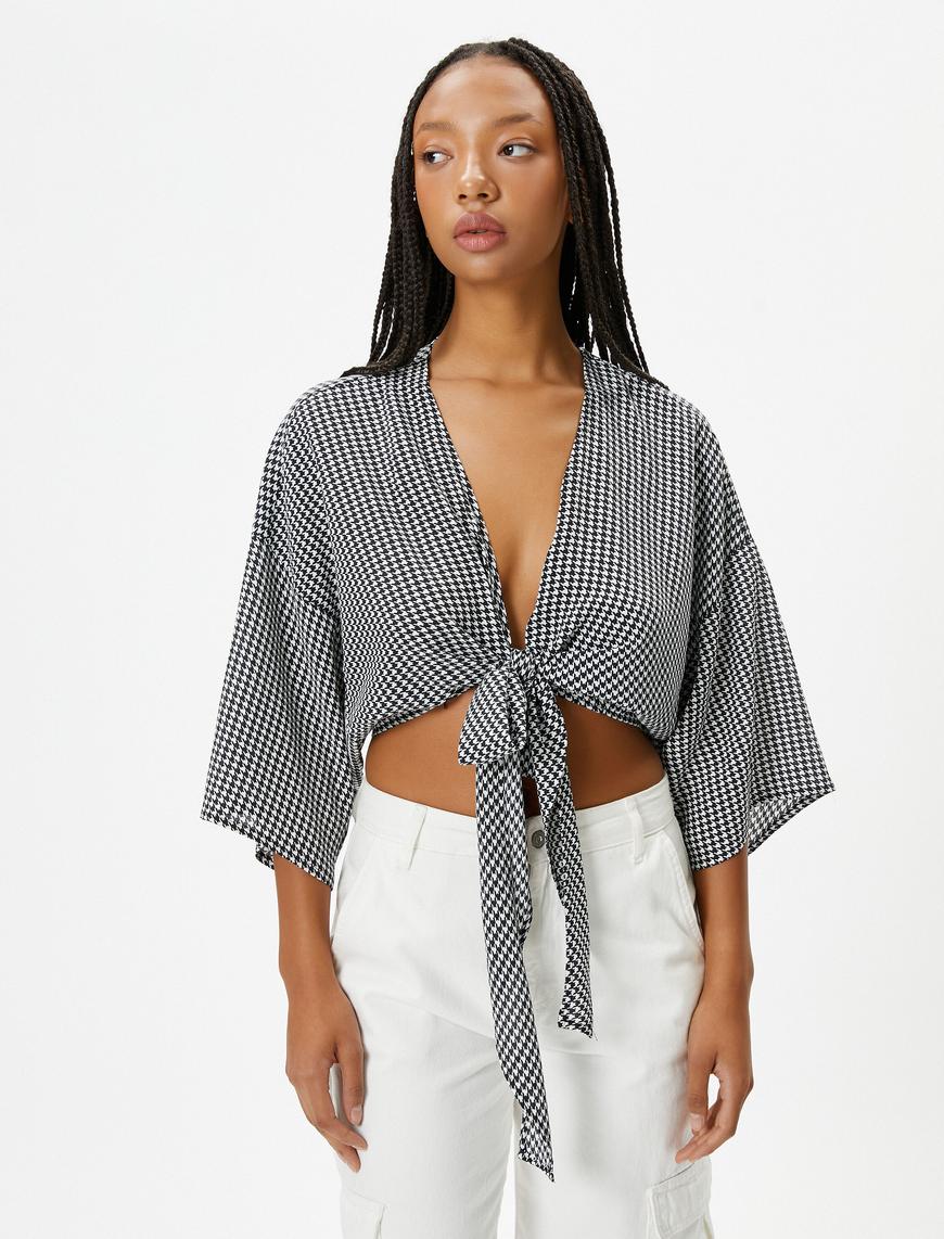   Oversize Crop Kimono Bluz Kruvaze Geniş 3/4 Kol Kaz Ayağı Desenli Bağlama Detaylı