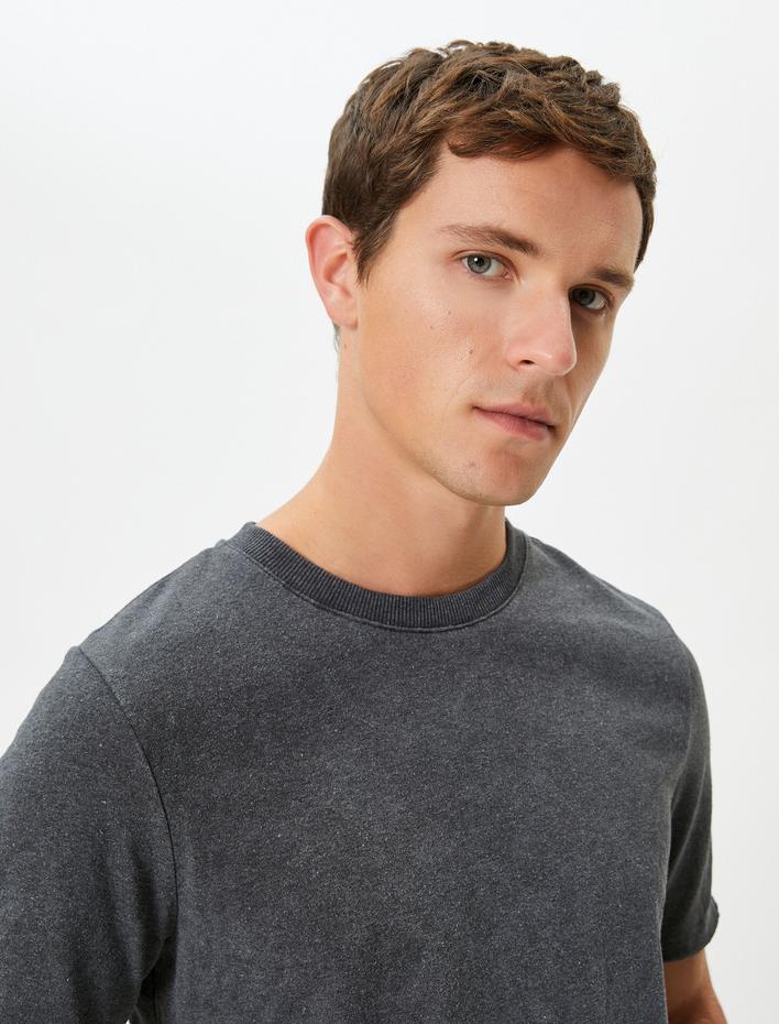  Yıkamalı Tişört Basic Bisiklet Yaka Kısa Kollu