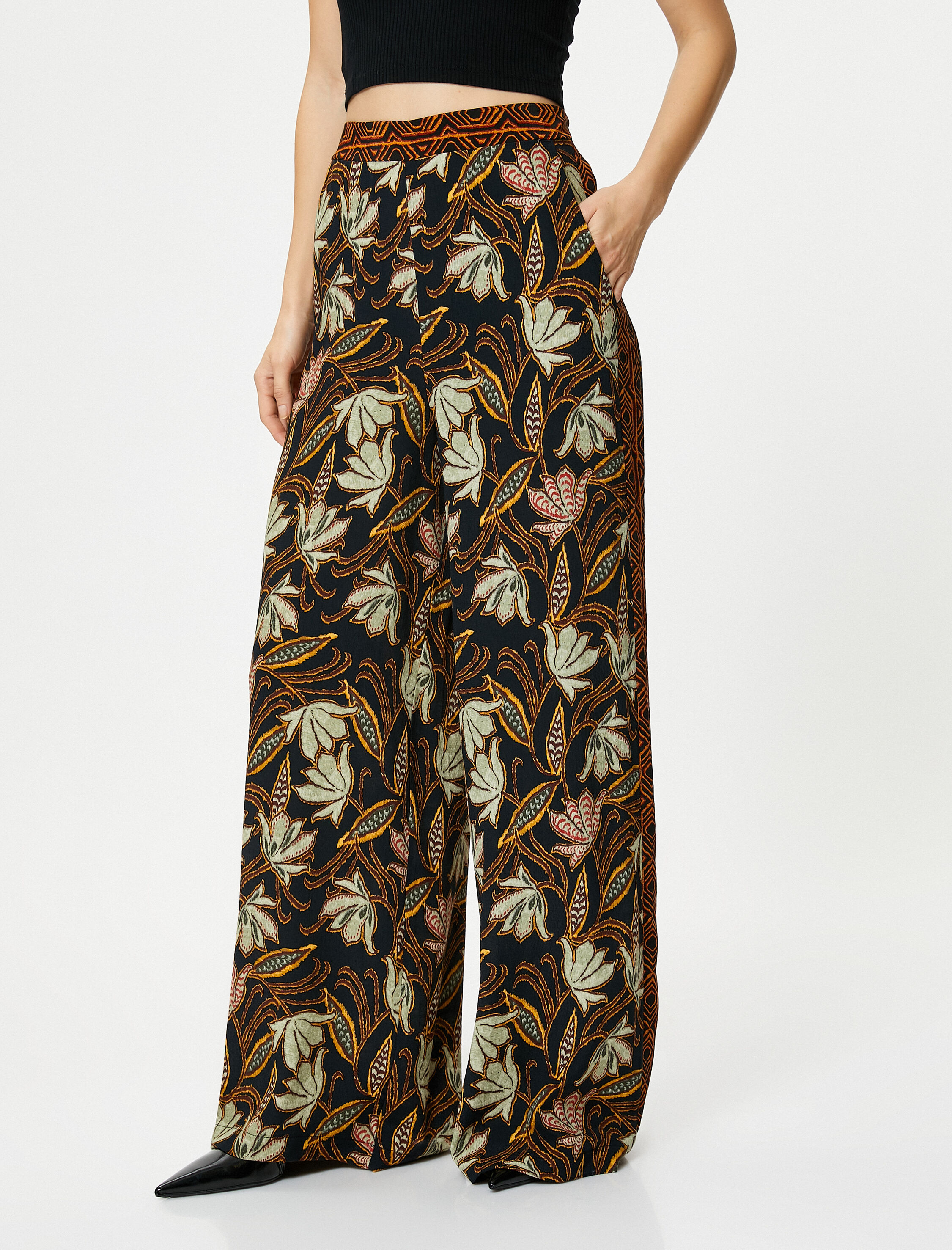   Bol Paça Pantolon Etnik Desenli Cepli Yüksek Bel