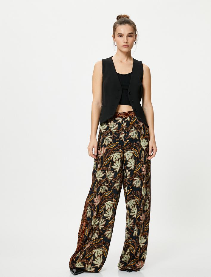  Bol Paça Pantolon Etnik Desenli Cepli Yüksek Bel